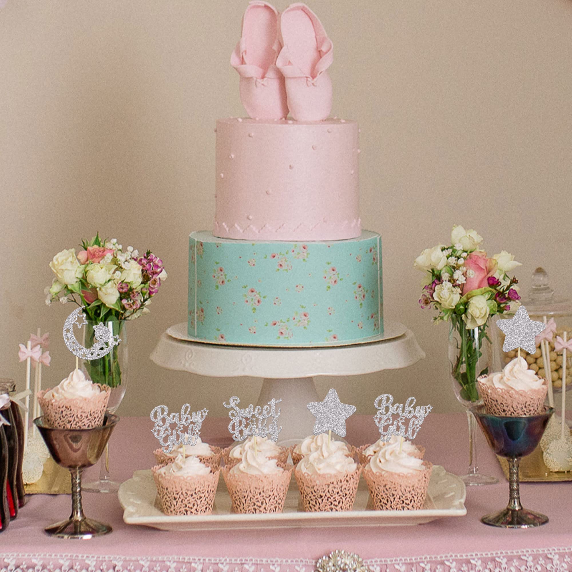24 Decorazioni Per Cupcake Rivelazione Di Genere - Oro Glitterato Con Papillon Rosa E Blu - Baby Shower