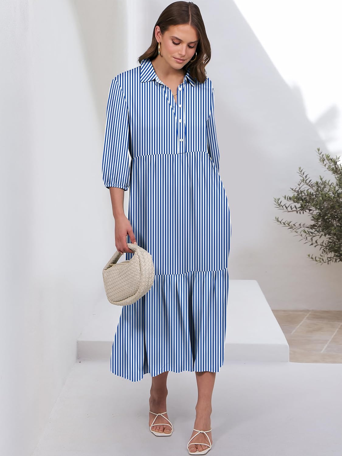 ANRABESS Women Summer Dress 2026 3/4 Puff Sleeve Polo V Neck Floral Print Casual Boho Shirt Maxi Dress Beach Vacation Clothes - Image 3