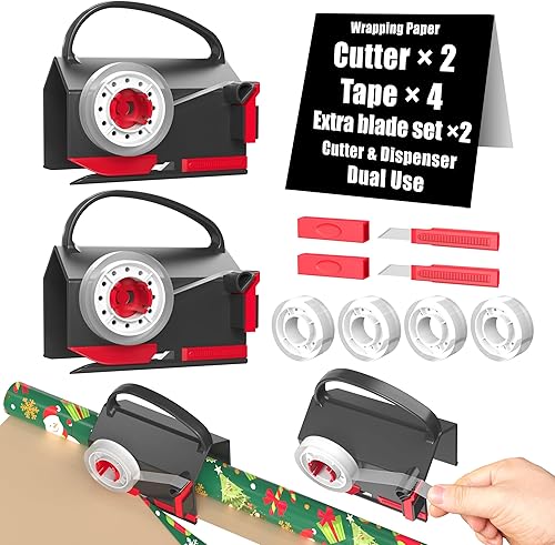 Cortador de papel de regalo (paquete de 2) y dispensador de cinta de doble uso con 4 cintas para cortador de envoltura de regalo de Navidad,