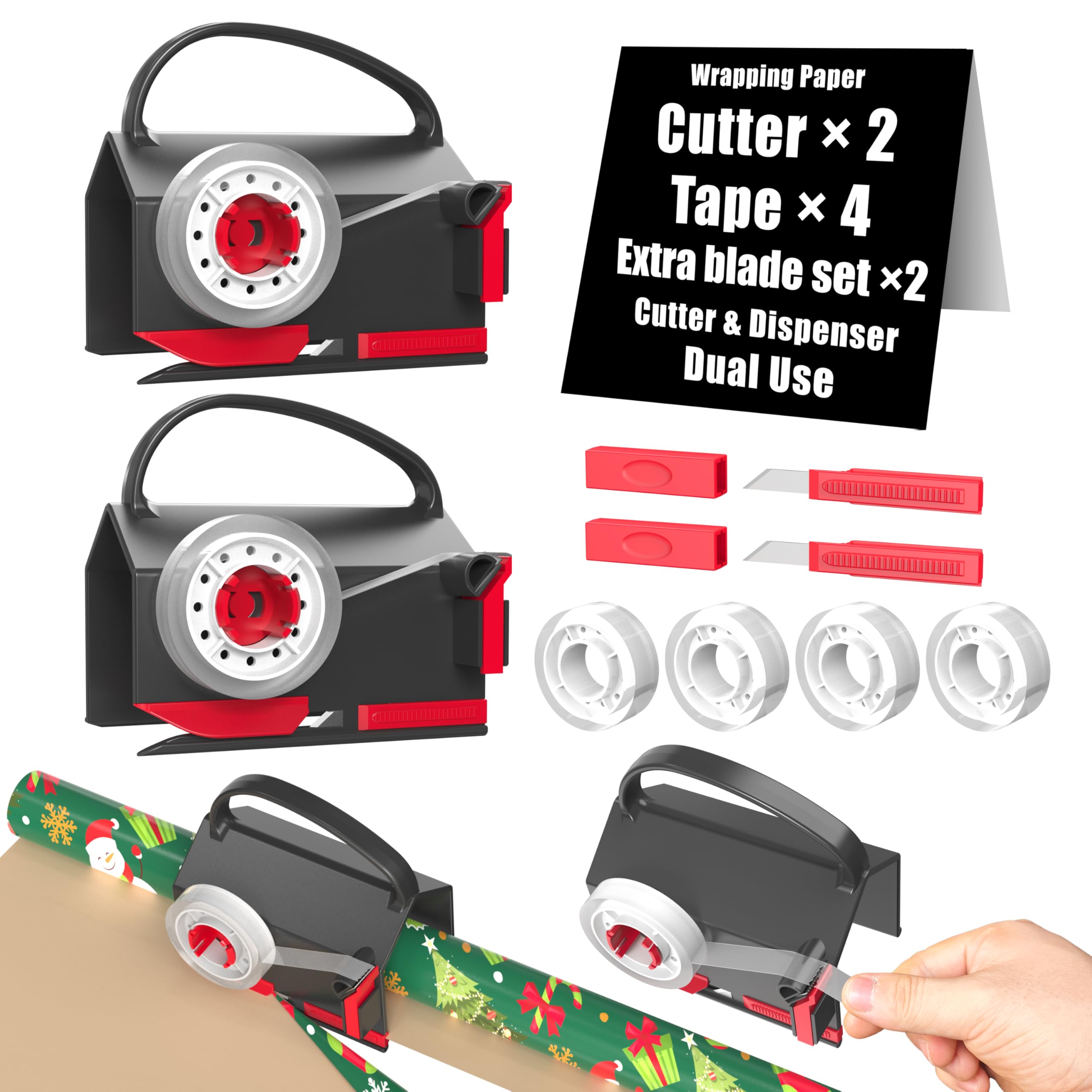 Wraprocut Wrapping Paper Cutter(2-Pack) & Tape Dispenser Dual Use with 4 Tapes for Christmas Gift Wrap Cutter Tool Paper Roll Holder Tube Sliding Slicing for Birthday Holiday.