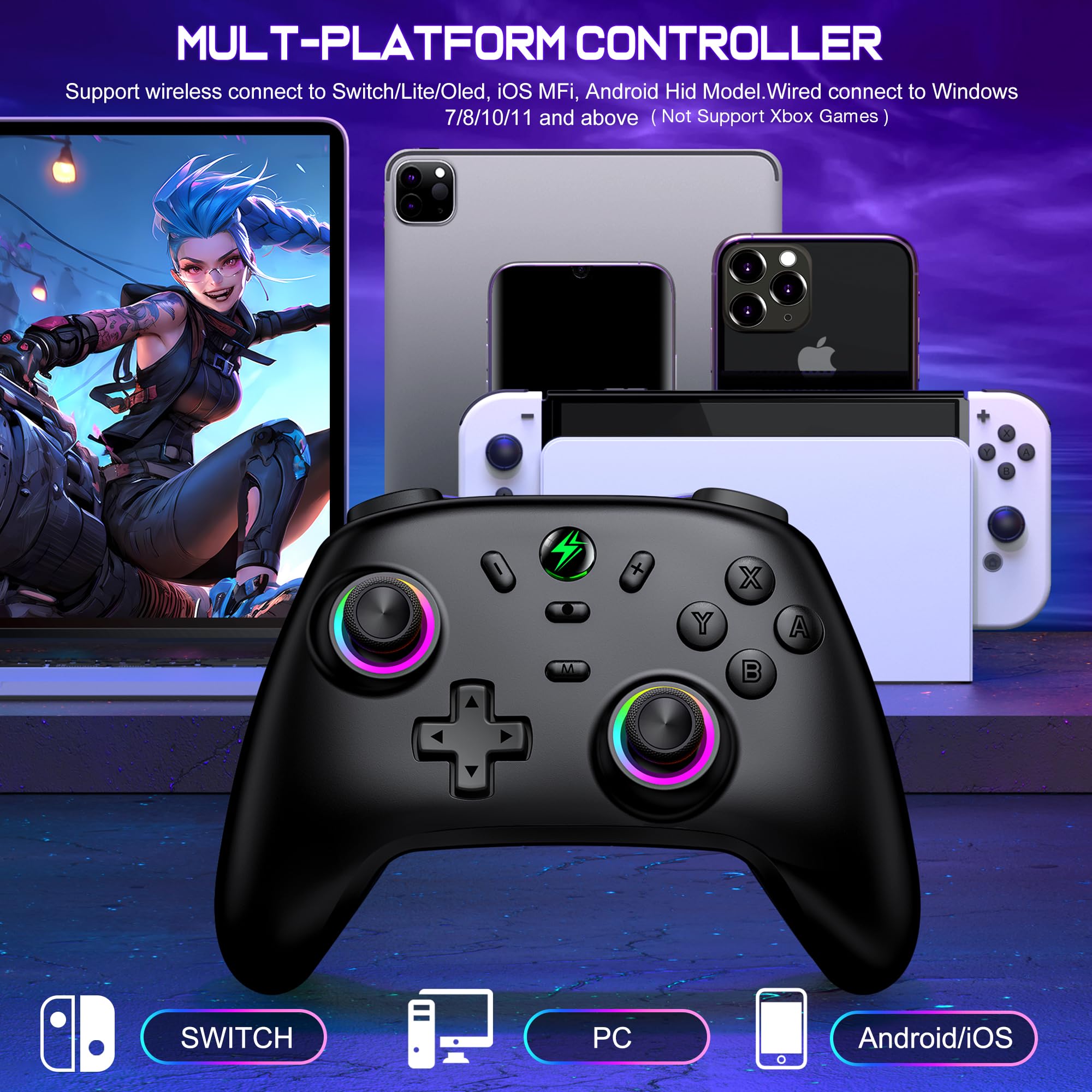 ALEEMTRY Switch Controller Compatible con Switch 2/Switch/Lite/OLED, Wireless Switch Pro Controller con RGB Hall Effect Joysticks/Batería de 1000 mAh/Turbo/Dual Vibration