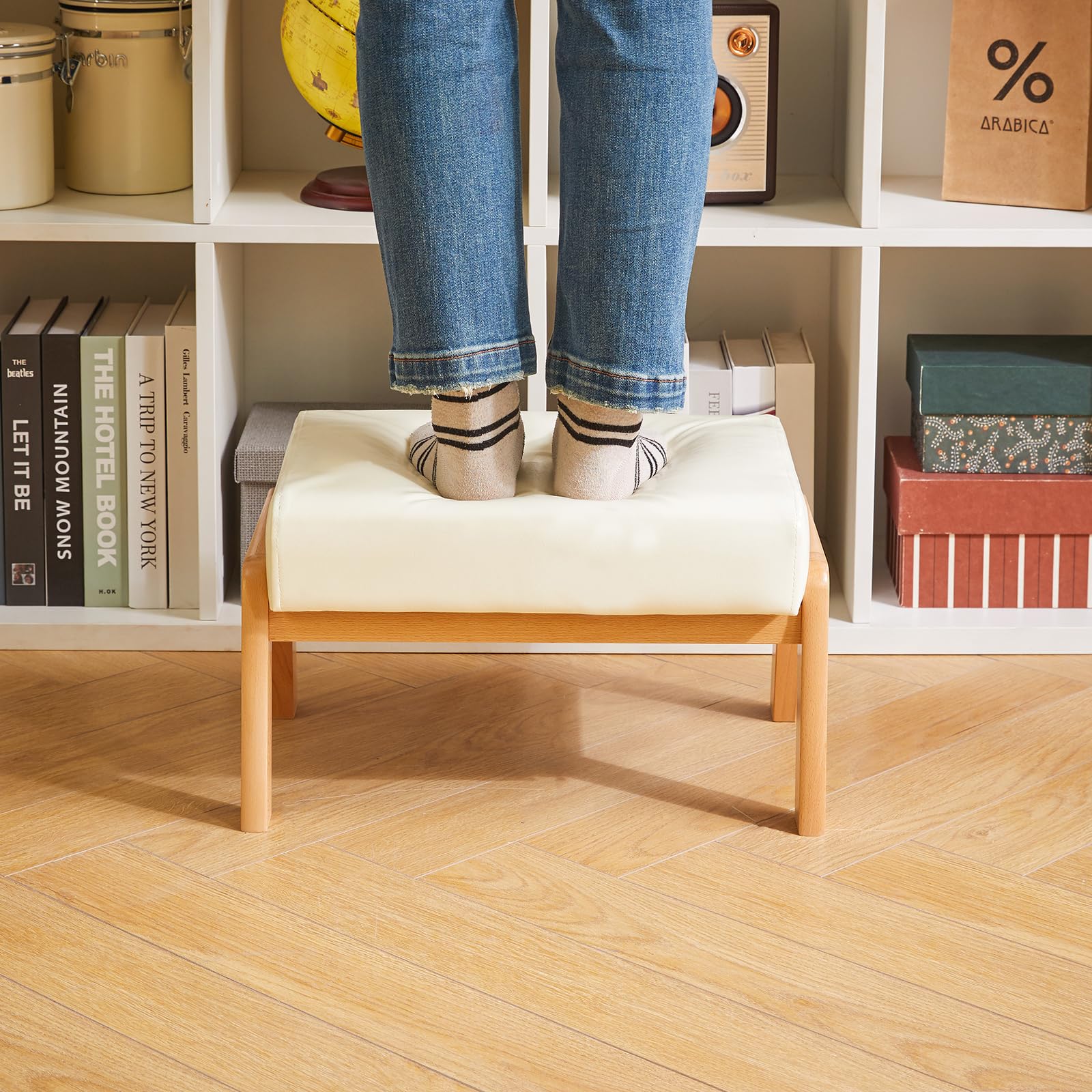 IBUYKE 10.2”H Pequeño Reposapiés Otomana, Rectángulo PU Cuero Reposapiés Taburete con Asiento Acolchado y Patas de Madera, Beige WBD013W