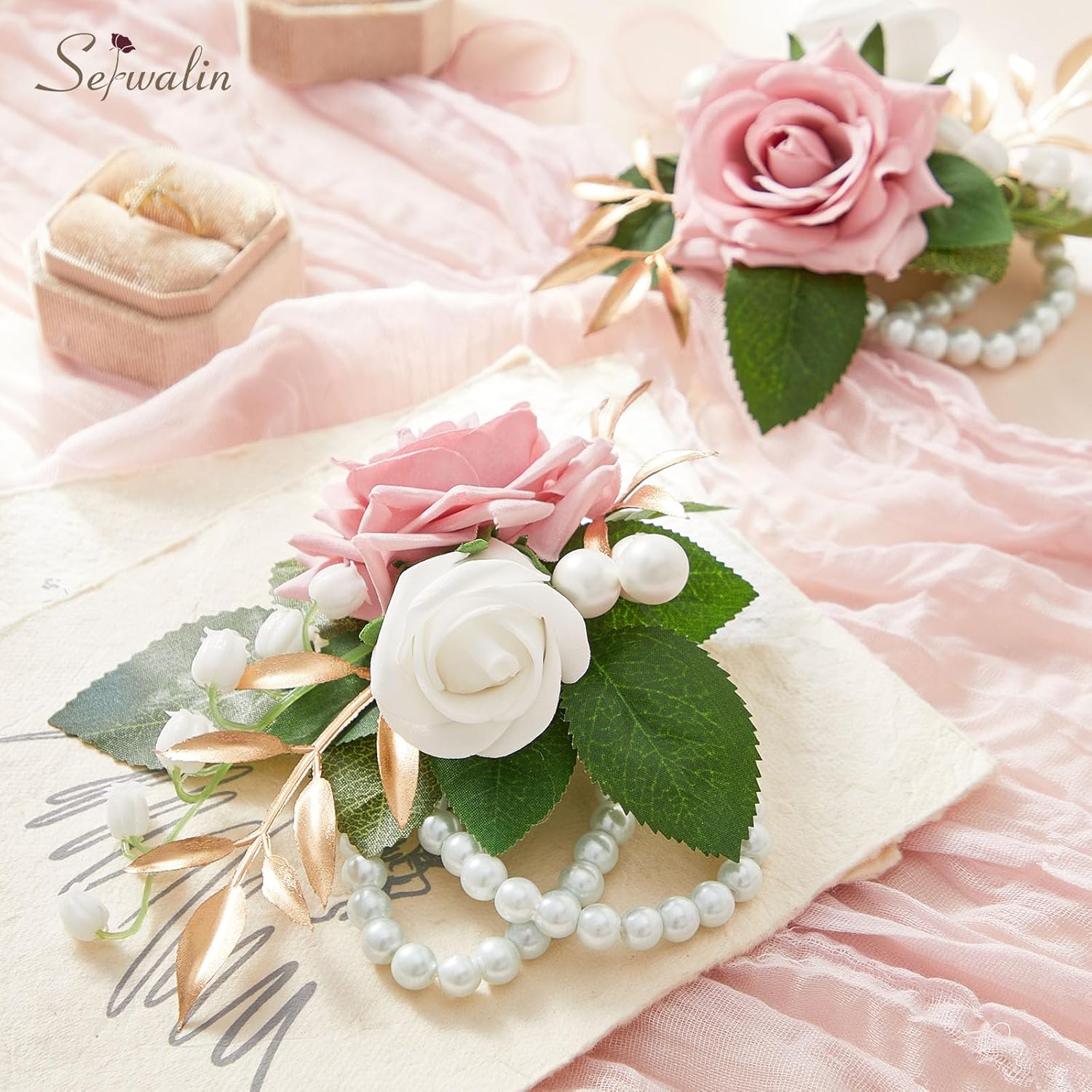 Serwalin Pink Corsage and Boutonniere Set, Prom Corsage and Boutonniere Set of Wedding Flowers Homecoming Accessories Party Suit Decoration - Image 6