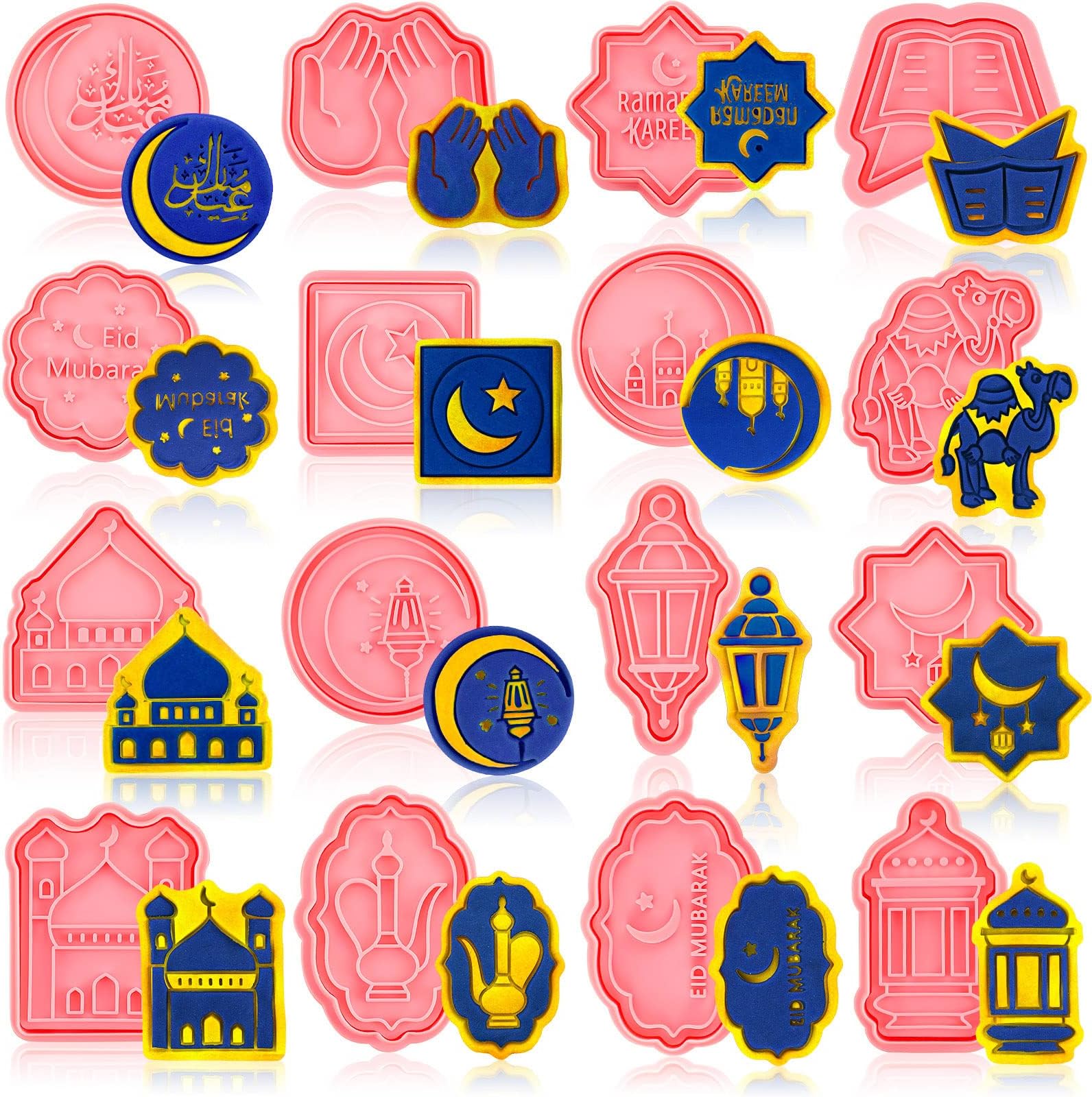 Honeydak 16 Pieces Ramadan Cookie Cutters Eid Mubarak Cookie Mold with Plunger Stamps Moon and Star 3D Stamper Islamic Muslim Mini Ramadan Plastic DIY Tools for Baking Fondant Supplies