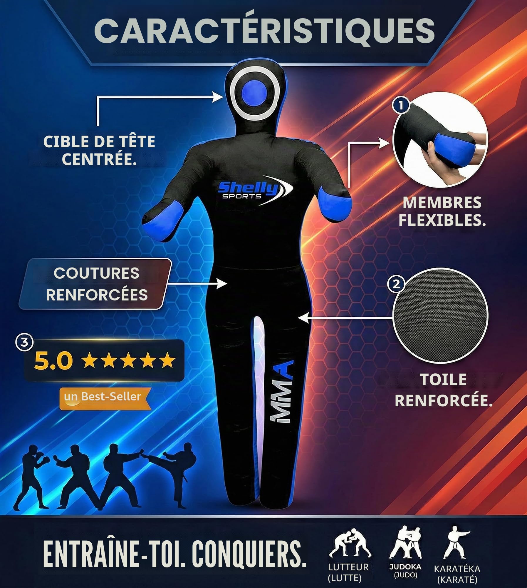 Shelly Mannequin MMA Judo Grappling Sac de Frappe Brésilien BJJ JIU Jitsu Position Debout Mannequin de lutte Arts Martiaux Boxe Karaté Mannequin d'entraînement – Toile – Non rempli