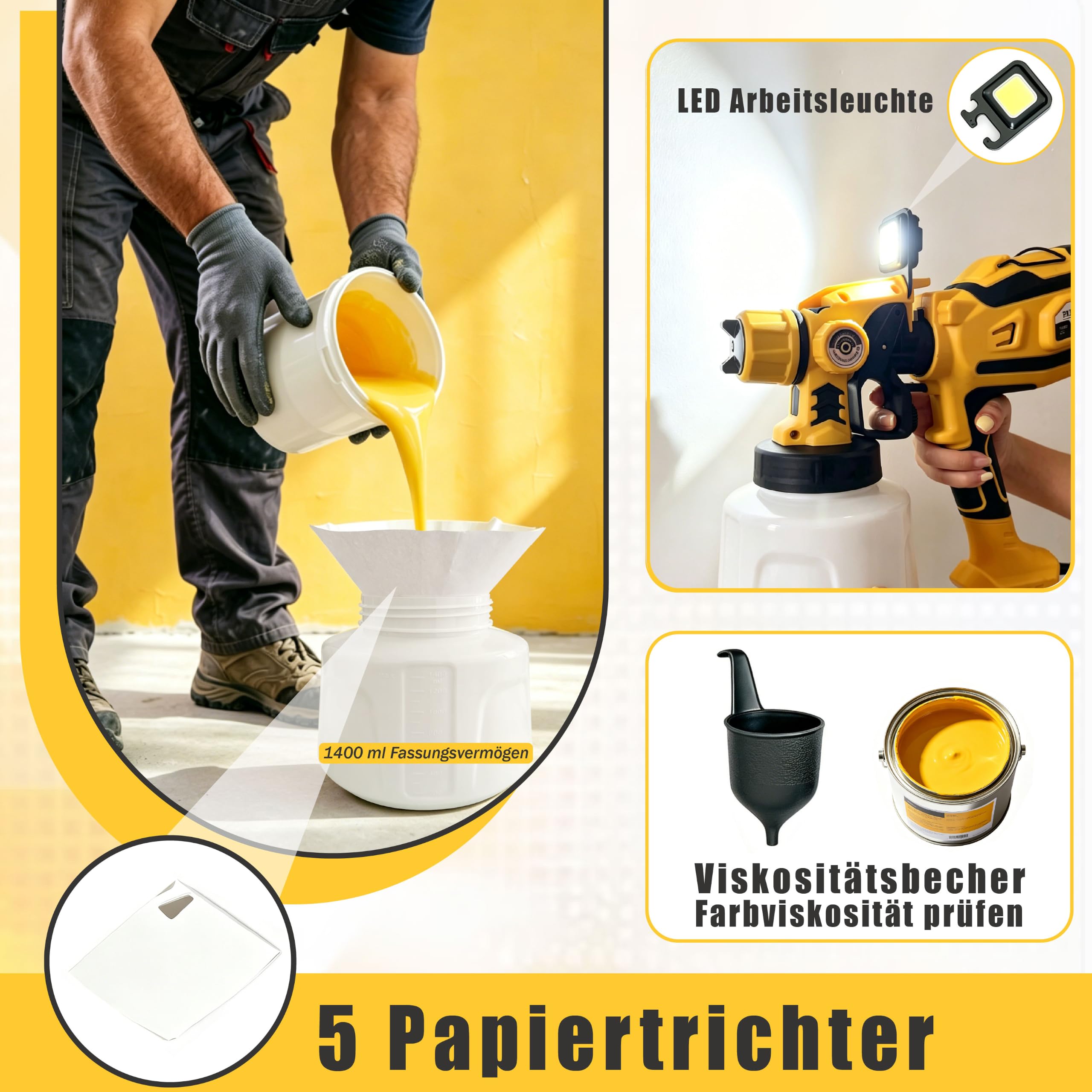 Farbsprühsystem, 850W HVLP Lackierpistole Elektrisch mit 4 Düsen