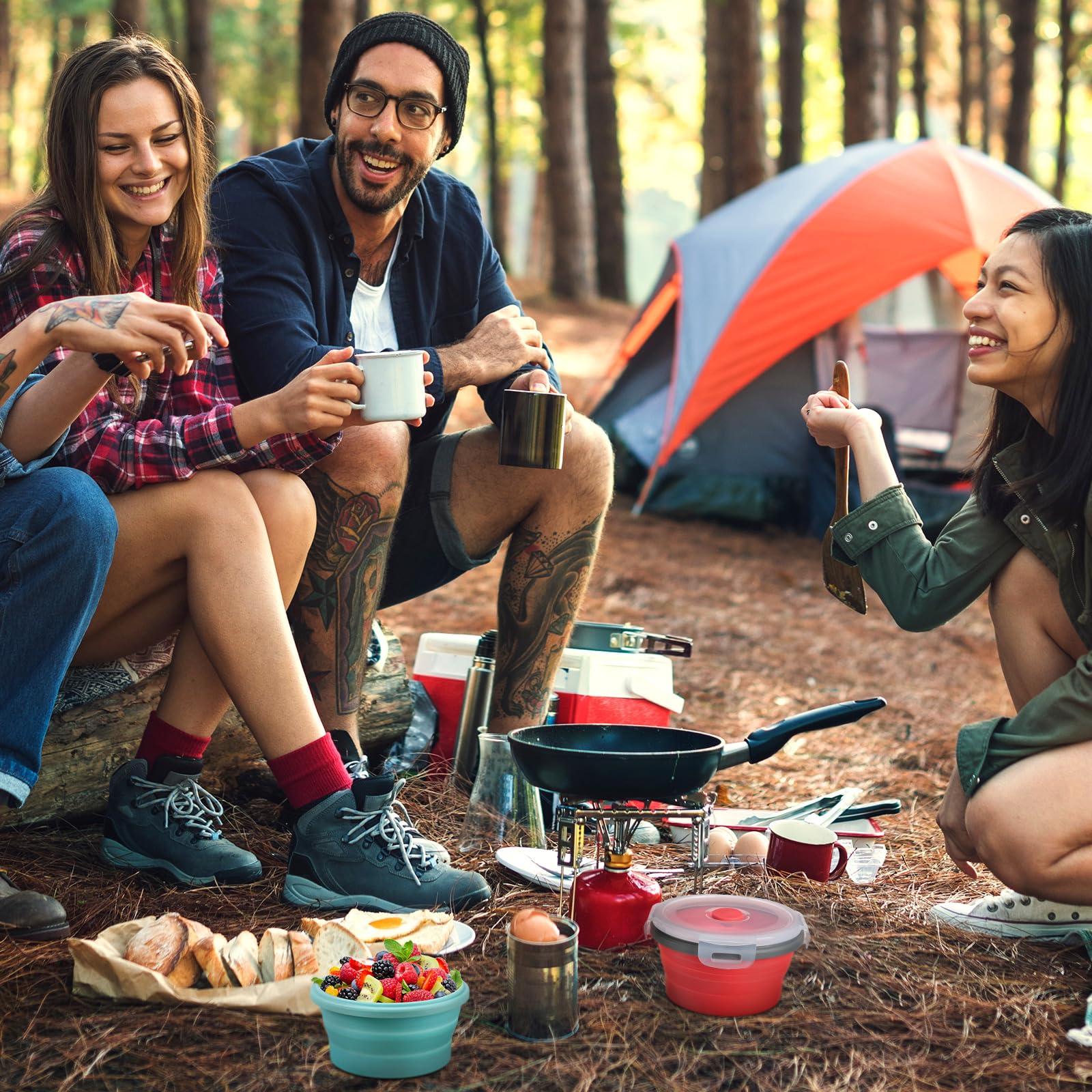 Suclain Faltbare Schüsseln mit Deckel, Silikon, für Camping, Lebensmittelaufbewahrung, erweiterbar, faltbar, Salat, Lunchbox, Reisebehälter für Wandern, Camping, Rot, Rosa, Blau, Grün, 765 ml, 4 Stück