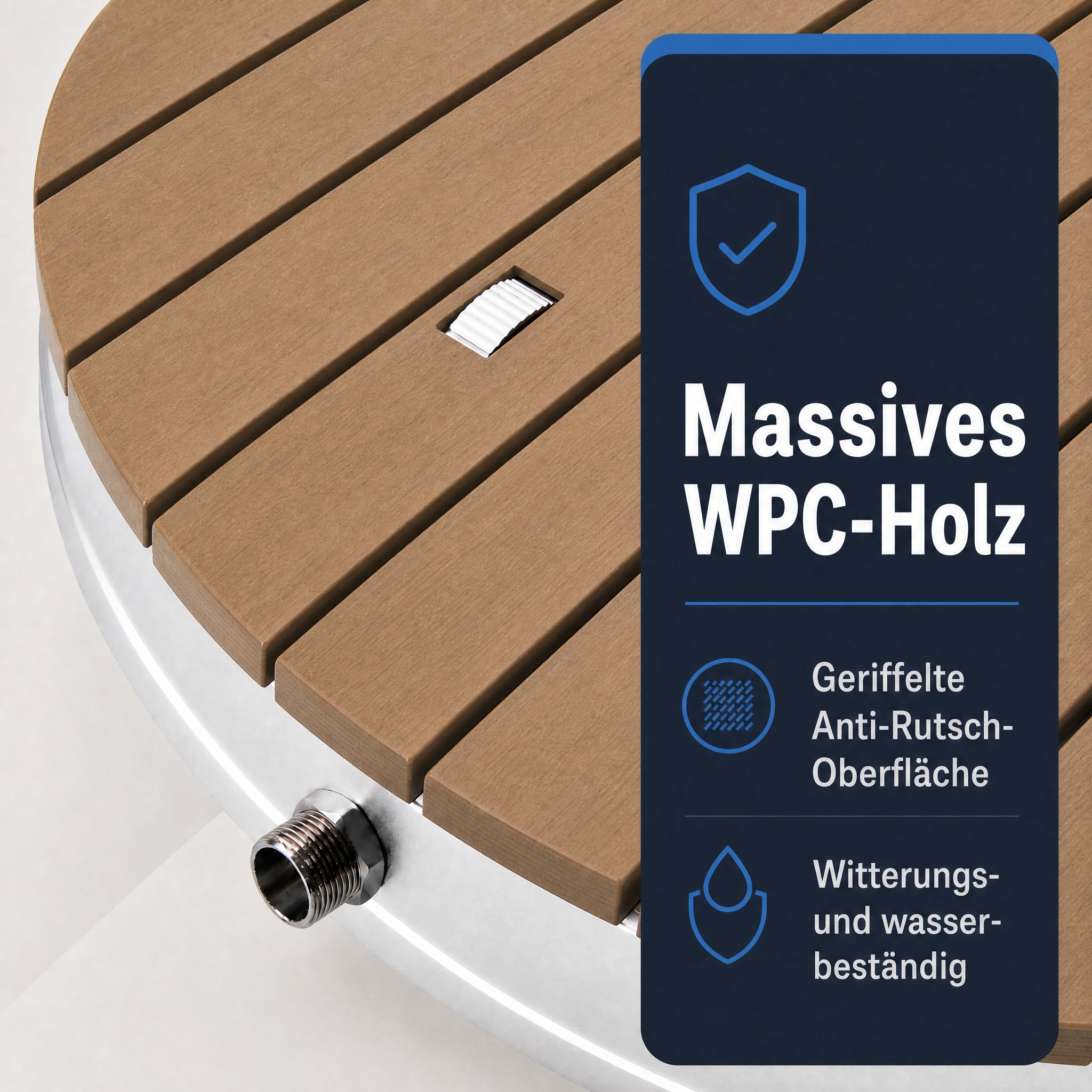 @tec Gartendusche, Ø 70 cm, Höhe: 7,5 cm, Bodendusche für Garten, Pool & Camping, WPC-Bodenplatte mit 18 Fontänen, Fußventil mit Stellrad, 3/4-Zoll Schlauchanschluss, mobil