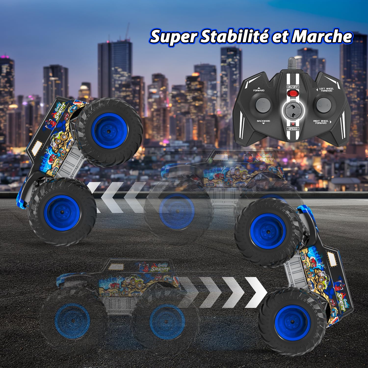 Monster Truck Télécommandé, 1:16 Voiture Télécommandée Enfant avec Éclairage, 360° Rotation, Conduite Inversée, Marche Debout, Voiture Radiocommandée Amphibie 2,4 GHz pour Enfants dès 4, 6, 8 Ans