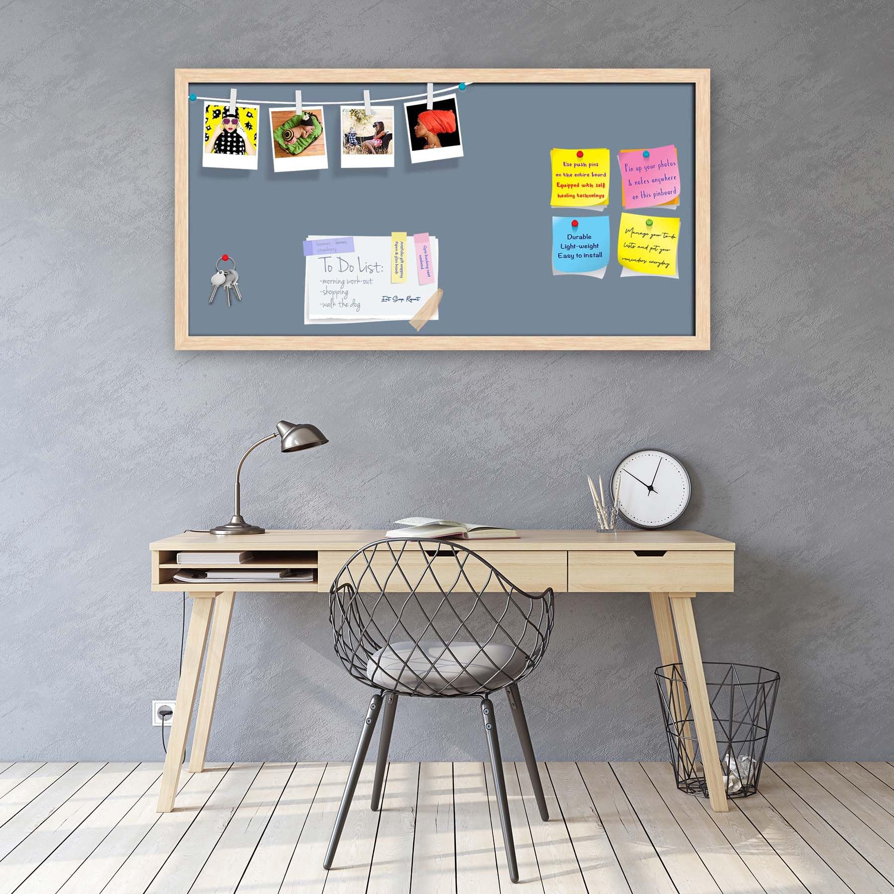 ArtzFolio Greys Family Light Slate Gray Colour | Bulletin Board Notice Pin Board | Vision Soft Board Combo with Thumb Push Pins & Sticky Notes | Natural Brown Frame | 24 x 12 inch (61 x 30 cms)-image-6