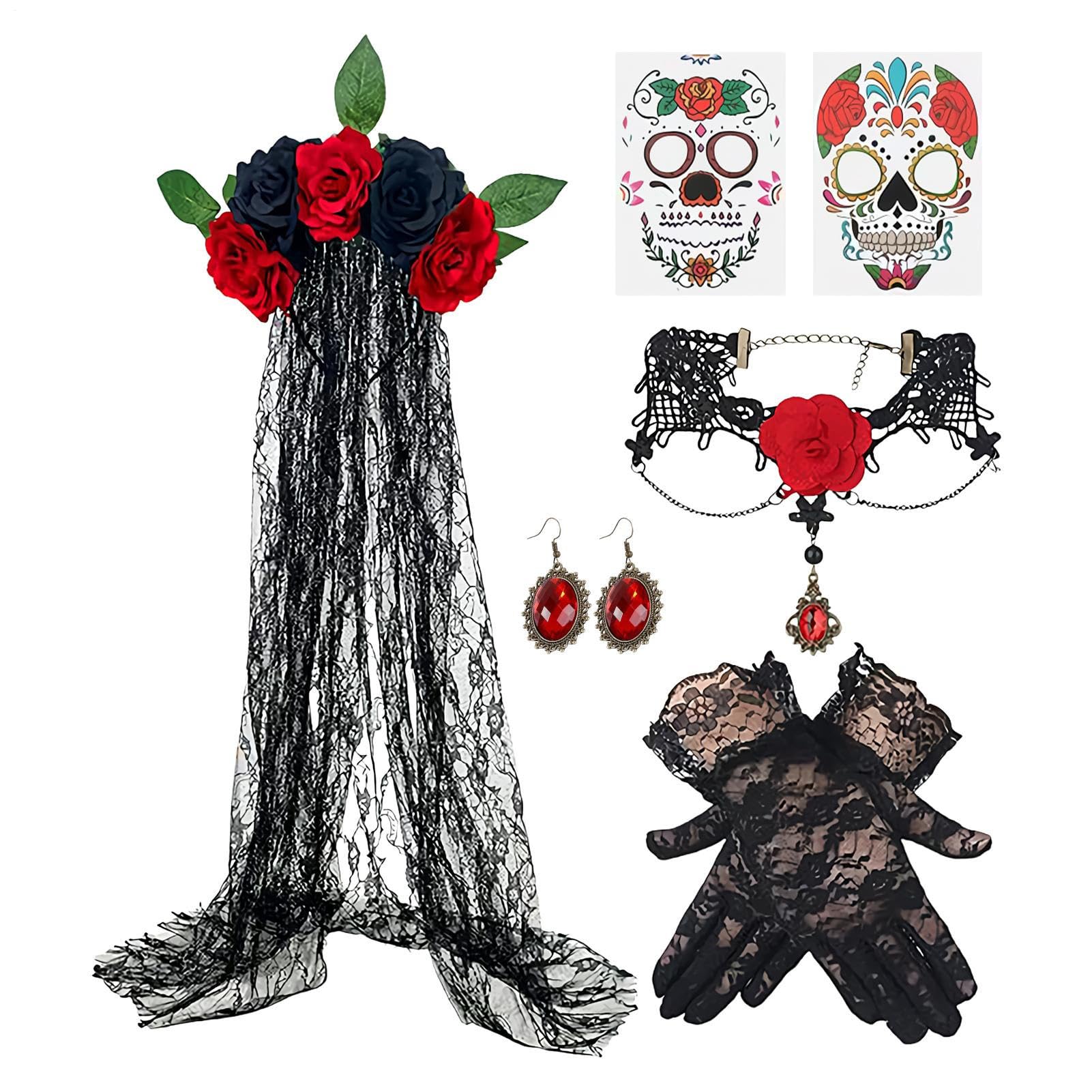 Mppchhn Disfraz de Día de Muertos para Adultos - Set de Velo y Pendientes del Día de,Guantes de Encaje Velo Aretes Collar para Mujeres Fiesta de Halloween Adultos
