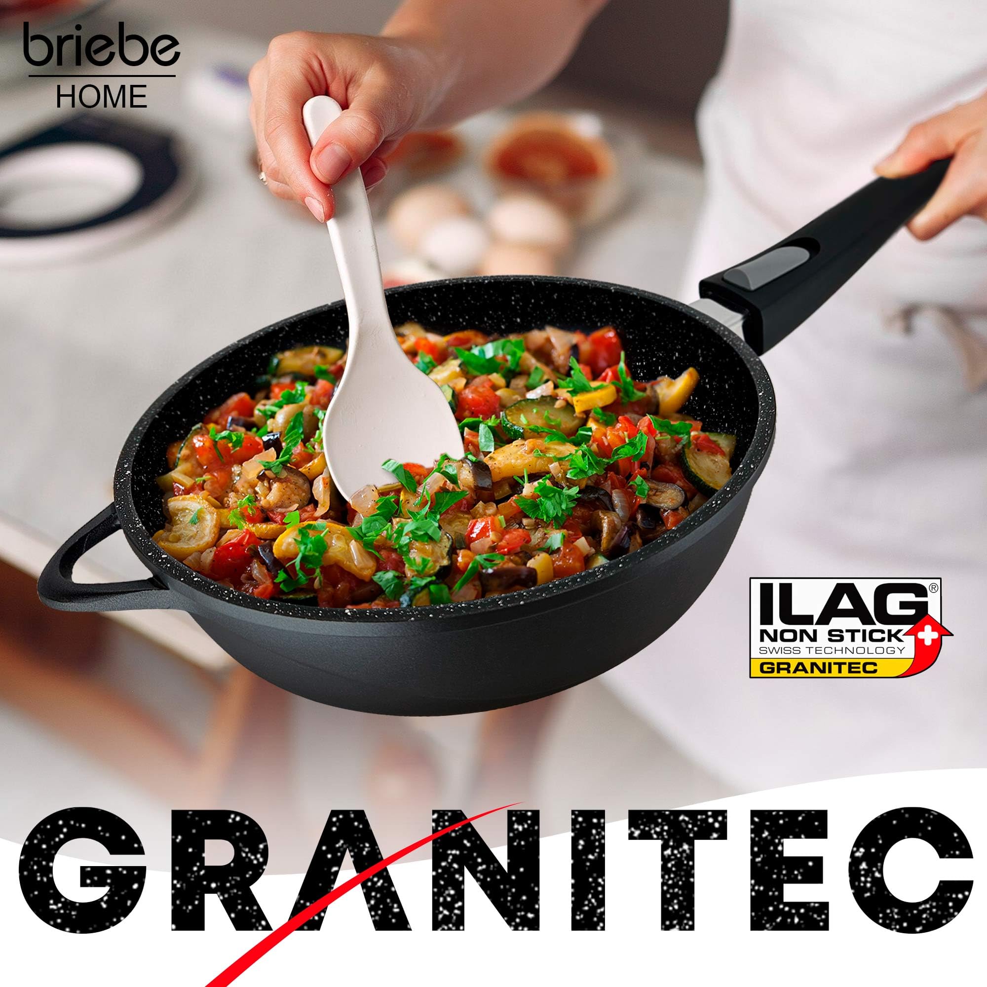 briebe Juego de 2 Sartenes Inducción Antiadherentes,2 Mangos Extraíbles Desmontables Hondas 24/28 cm, Aluminio Fundido, ILAG GRANITEC sin PFOA, Tapas Cristal, Vitrocerámica, Gas, Horno, MGK-19S