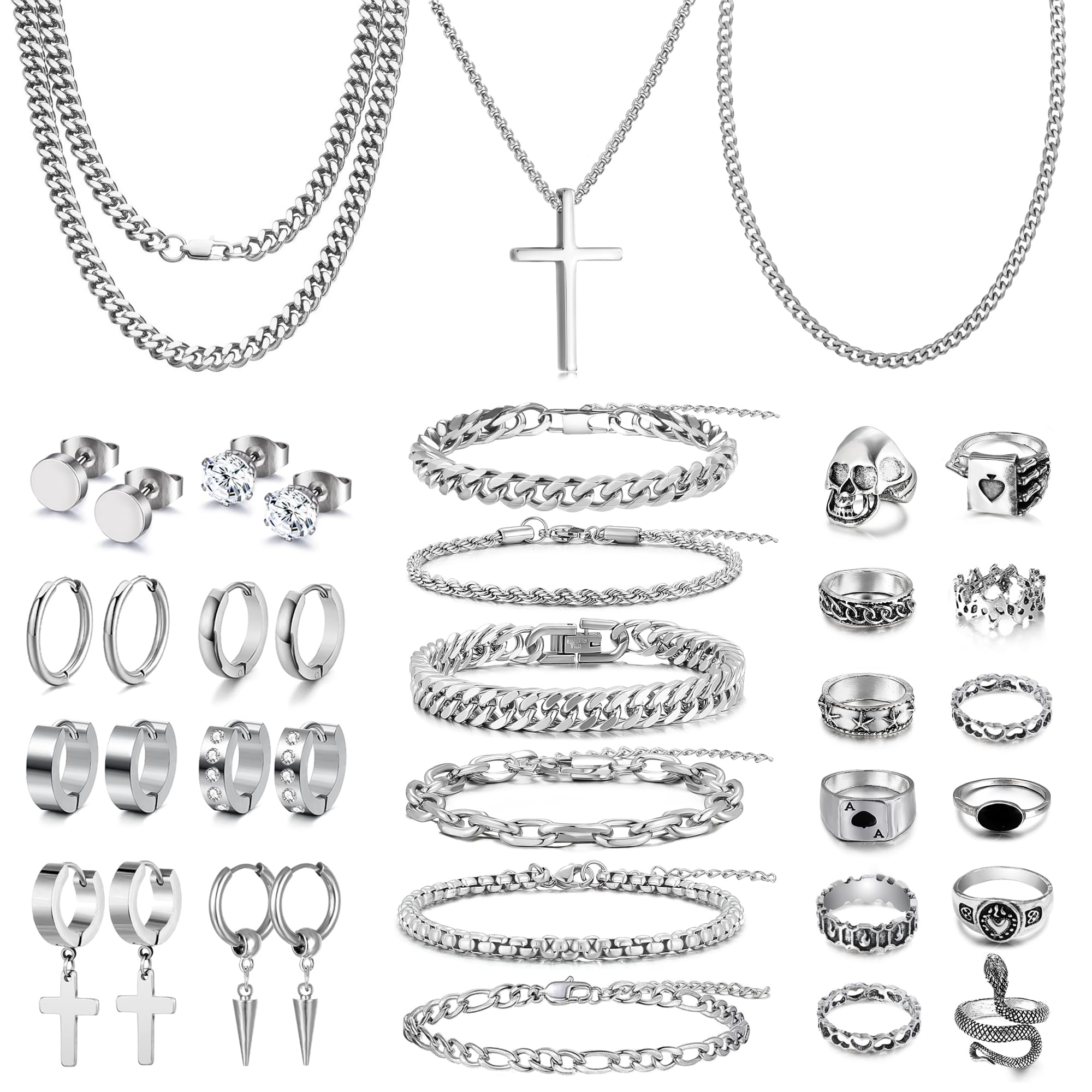FEYIR 37 Pcs Jewelry Set for Men Stainless Steel Cuban Link Necklace Bracelet Vintage Rings Hoop Stud Earrings Mens Fashion Jewelry