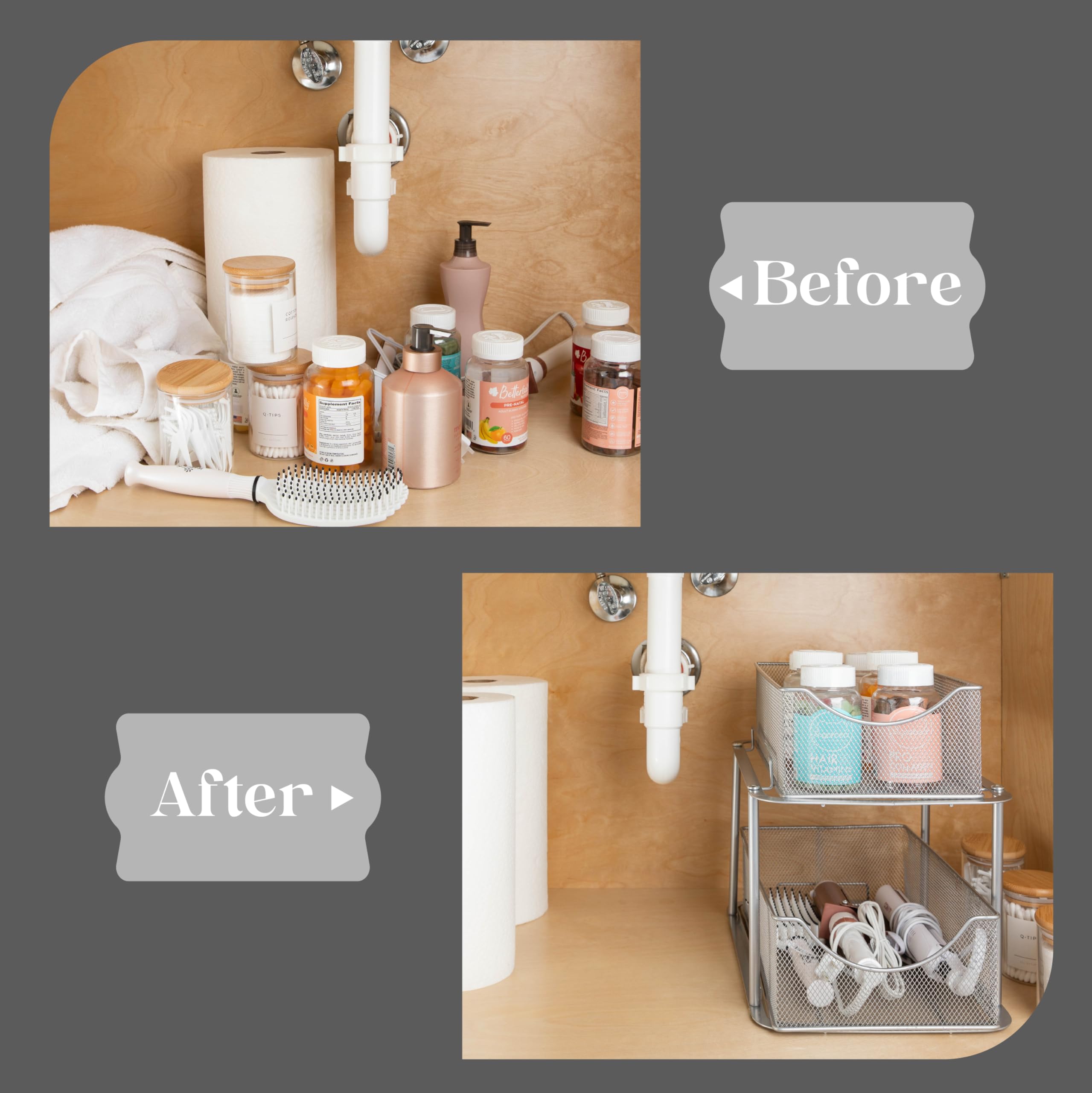 Sorbus Organizadores y almacenamiento de 2 niveles para debajo del fregadero, cajones deslizantes de malla de acero fuerte para un mejor almacenamiento del baño, organización y almacenamiento del baño