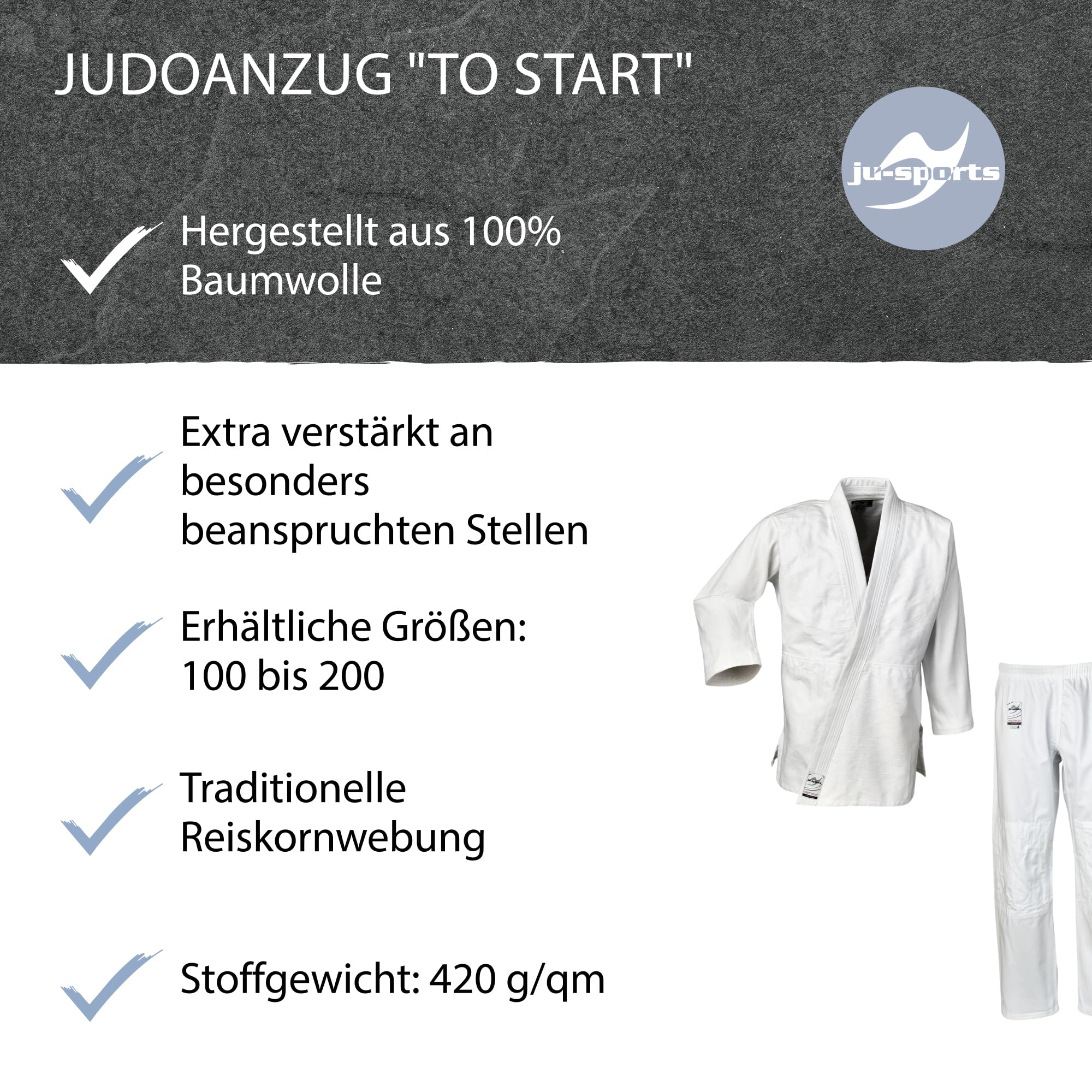 Ju-Sports Judoanzug weiß 100% Baumwolle verstärkter Kniebereich Erwachsene Kinder