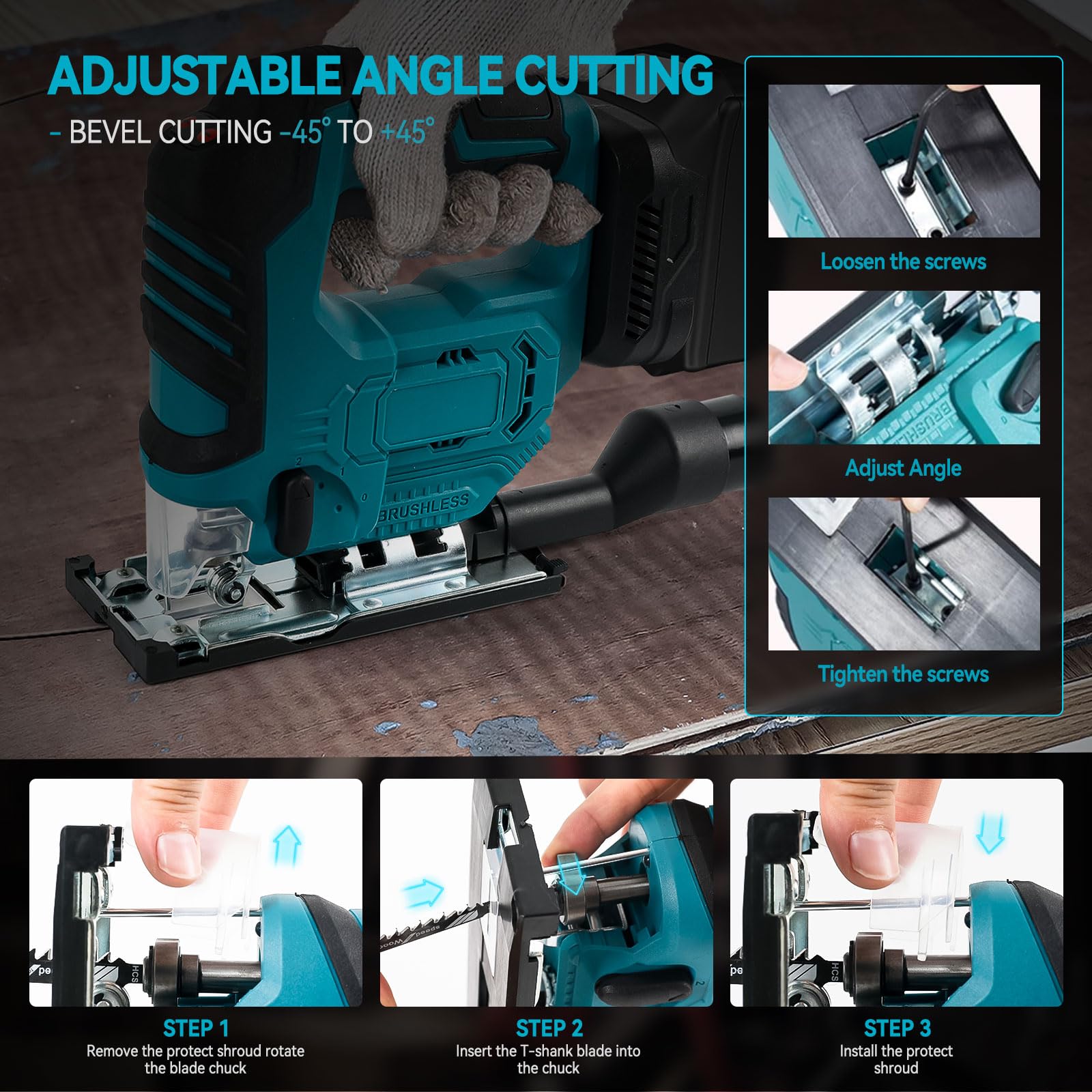 Scie sauteuse électrique sans fil pour Makita 18 V, 500 W sans balais avec lumière LED, angle de coupe biseauté ± 45°, 9 lames à tige en T, course de 19 mm pour bois, plastique, métal