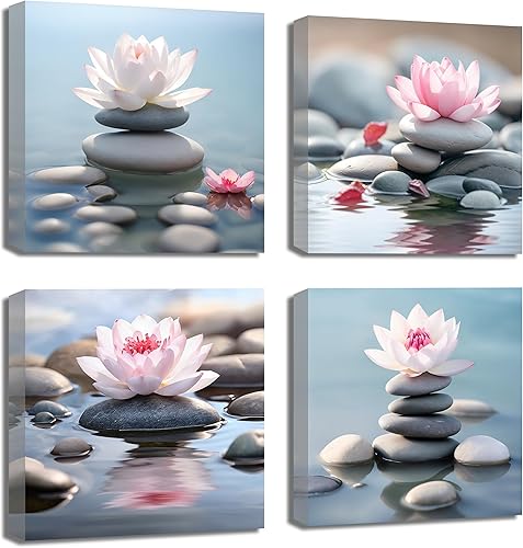QIXIANG Lienzo de loto rosa para pared, 4 piezas de flores de loto florecientes sobre piedra zen, para estudios de yoga, regalo para entusiastas del