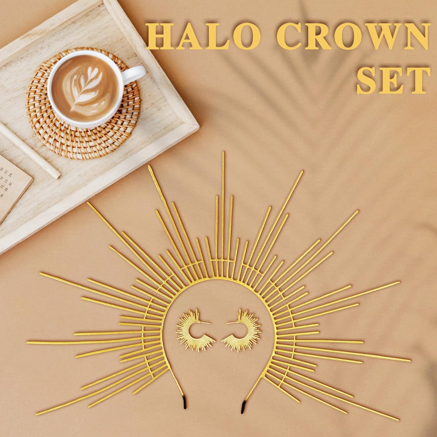 Sun Goddess Halo Crown Headband, Metal Goddess Crown Sunburst Spike Headpiece with Earrings for Women Halloween Renaissance Cosplay - Image 5