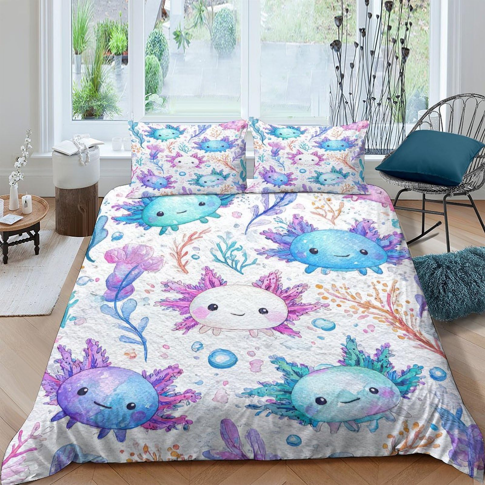 Ctjqhvkz Style-9 3D Printed Watercolor Axolotl Fitted Sheet Microfiber Soft Anti-Slip Coral Underwater Mattress Cover Bedroom Decor Single（135X200cm）
