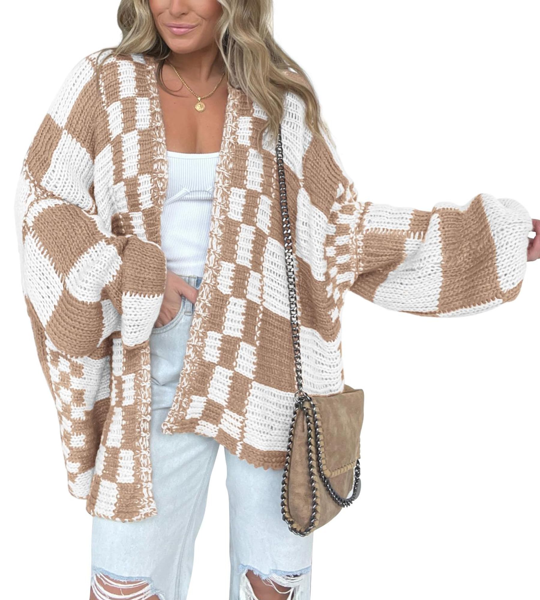 BTFBM Casual Cardigan Sweater for Women Fall 2026 Long Sleeve Open Front Chunky Knit Sweaters Checkered Outwear Coat