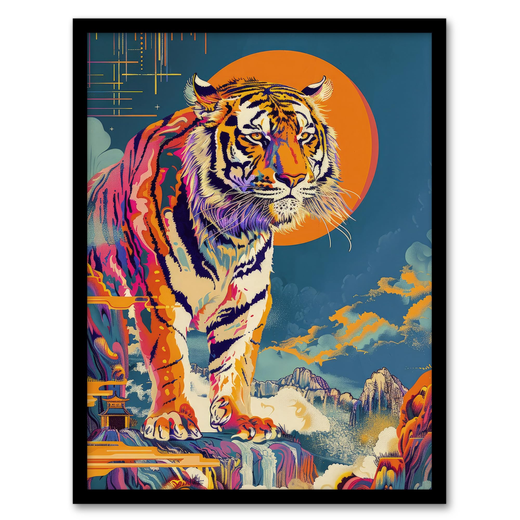 Artery8 Japanese Tiger in Sun Abstract Colourful Classic For Living Room Artwork Framed Wall Art Print 18X24 Inch