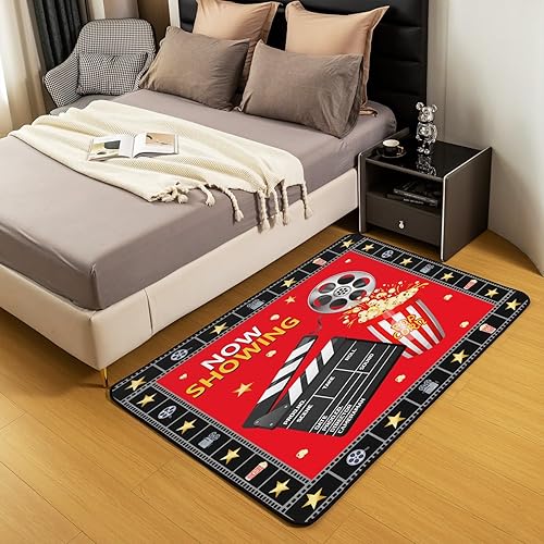 Miniatura 5 de jejeloiu Alfombra decorativa de cine para sala de estar, 5 x 7 pies, para niños, alfombra decorativa antideslizante de moda antigua para cine