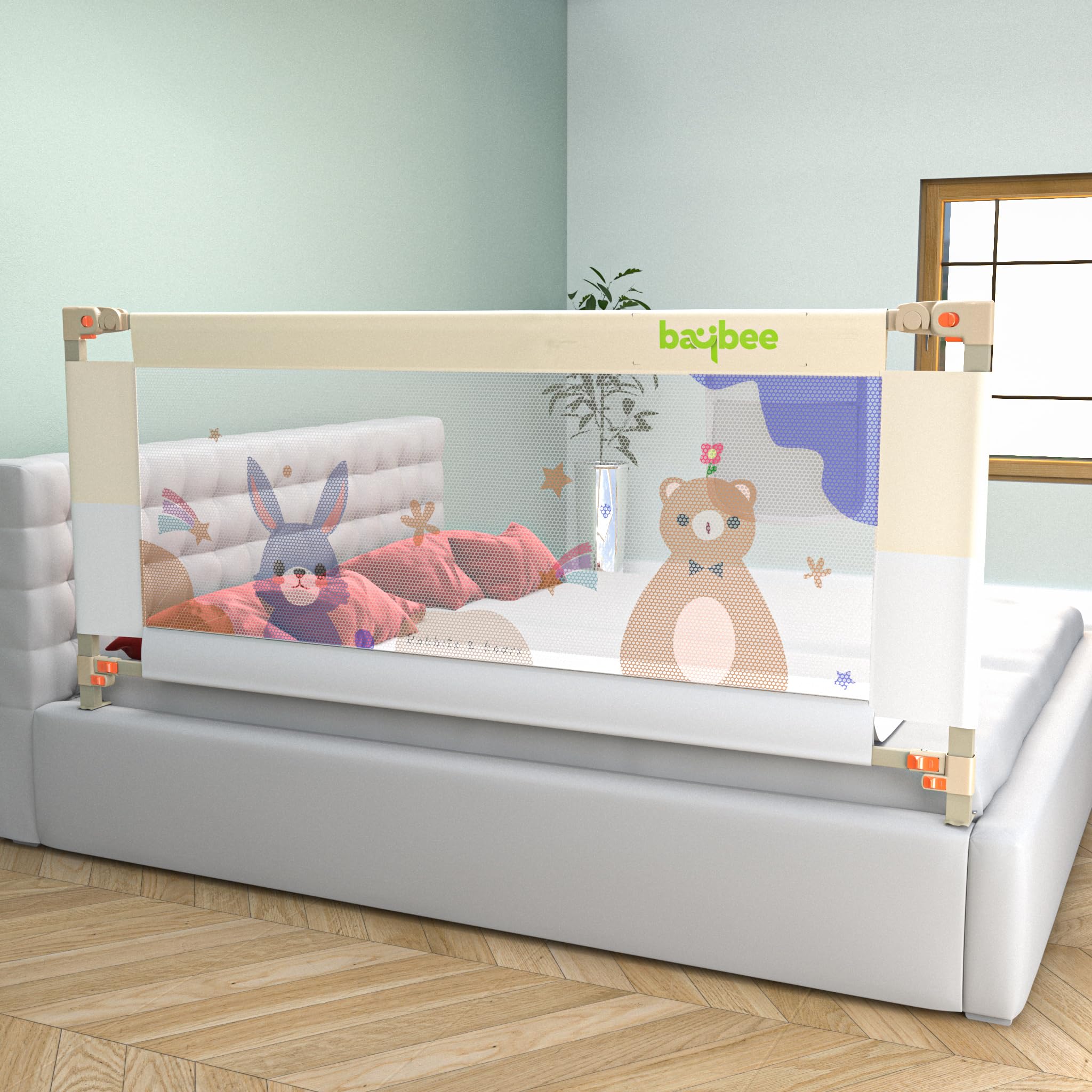 BAYBEE Baby Bed Rail Guard (180x80cm), Bedrail for Baby Safety with 28 Height Adjustable, Portable Bed Side Protector for Babies Falling | Foldable Single Side Bed Railing, 1 Side, (White/Beige)
