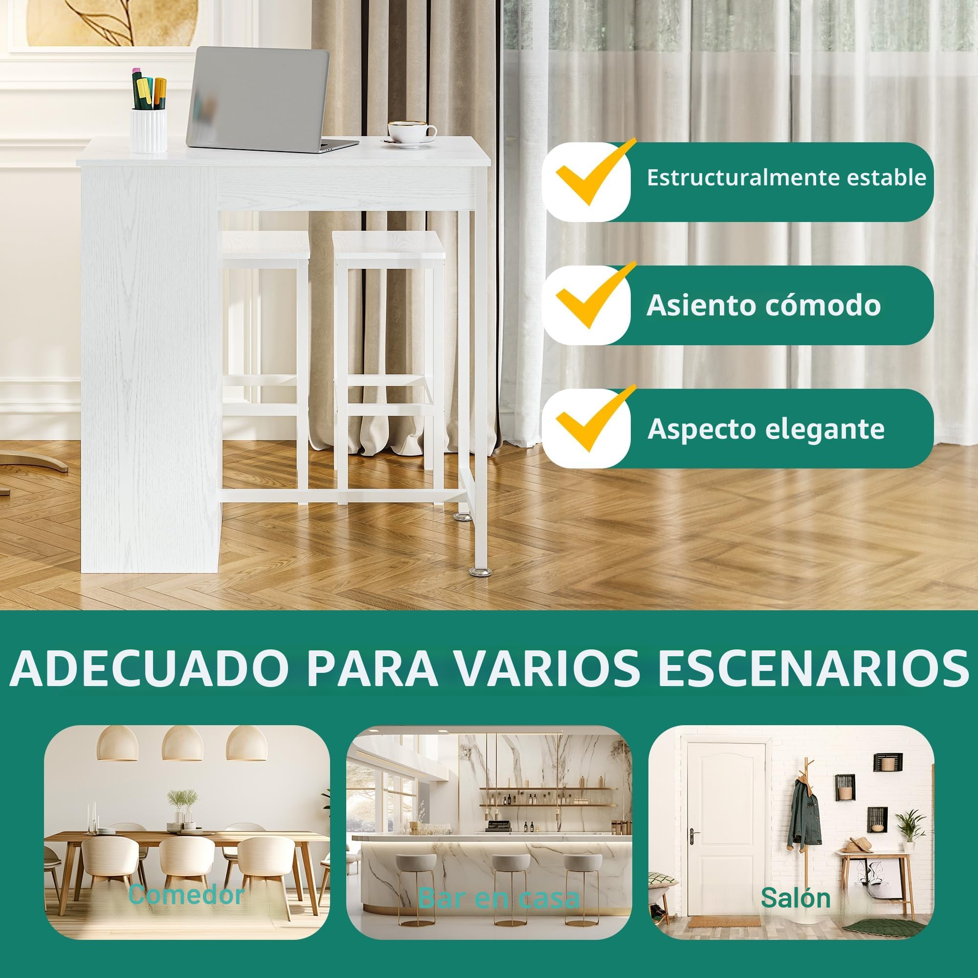 YITAHOME Juego de Mesa de Bar con taburetes de Bar, Mesa de Bar de 3 Piezas, Mesa de Comedor con 2 taburetes, 3 estantes, Taburete de Bar con Marco de Metal, Blanco