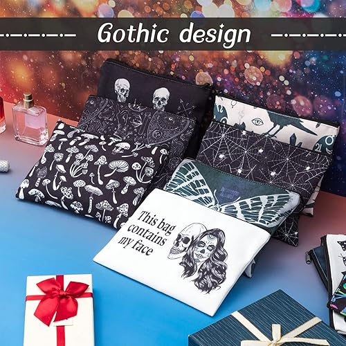 Miniatura 5 de 12 piezas de bolsa de maquillaje gótica con diseño de calavera y murciélago bolsas de cosméticos bolso gótico de lona regalos góticos con cremallera