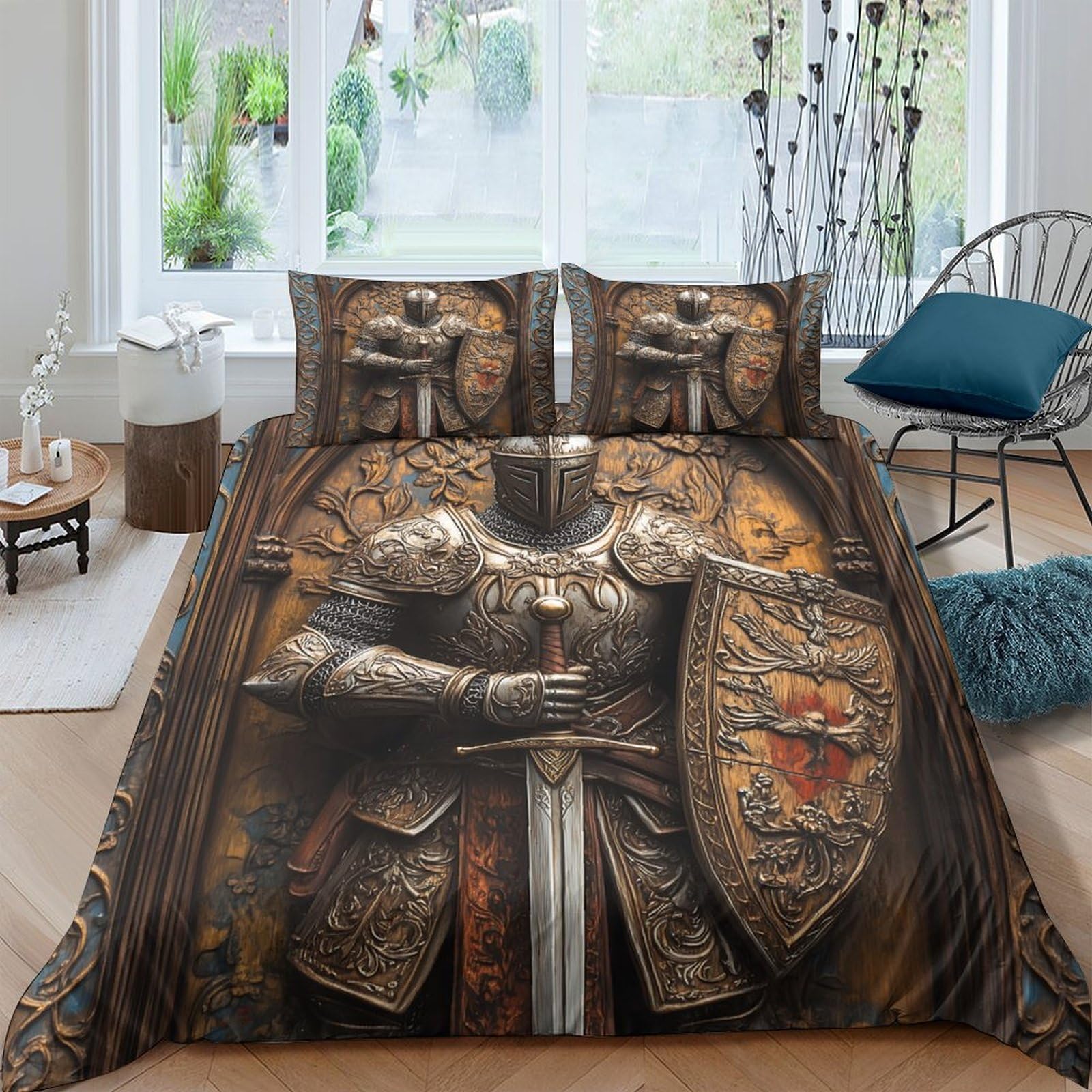 Ctjqhvkz Style-10 3D Printed Medieval Knight Armor Fitted Sheet Microfiber Bed Cover For Bedroom Decor, Anti-Slip Mattress Protector Single（135X200cm）
