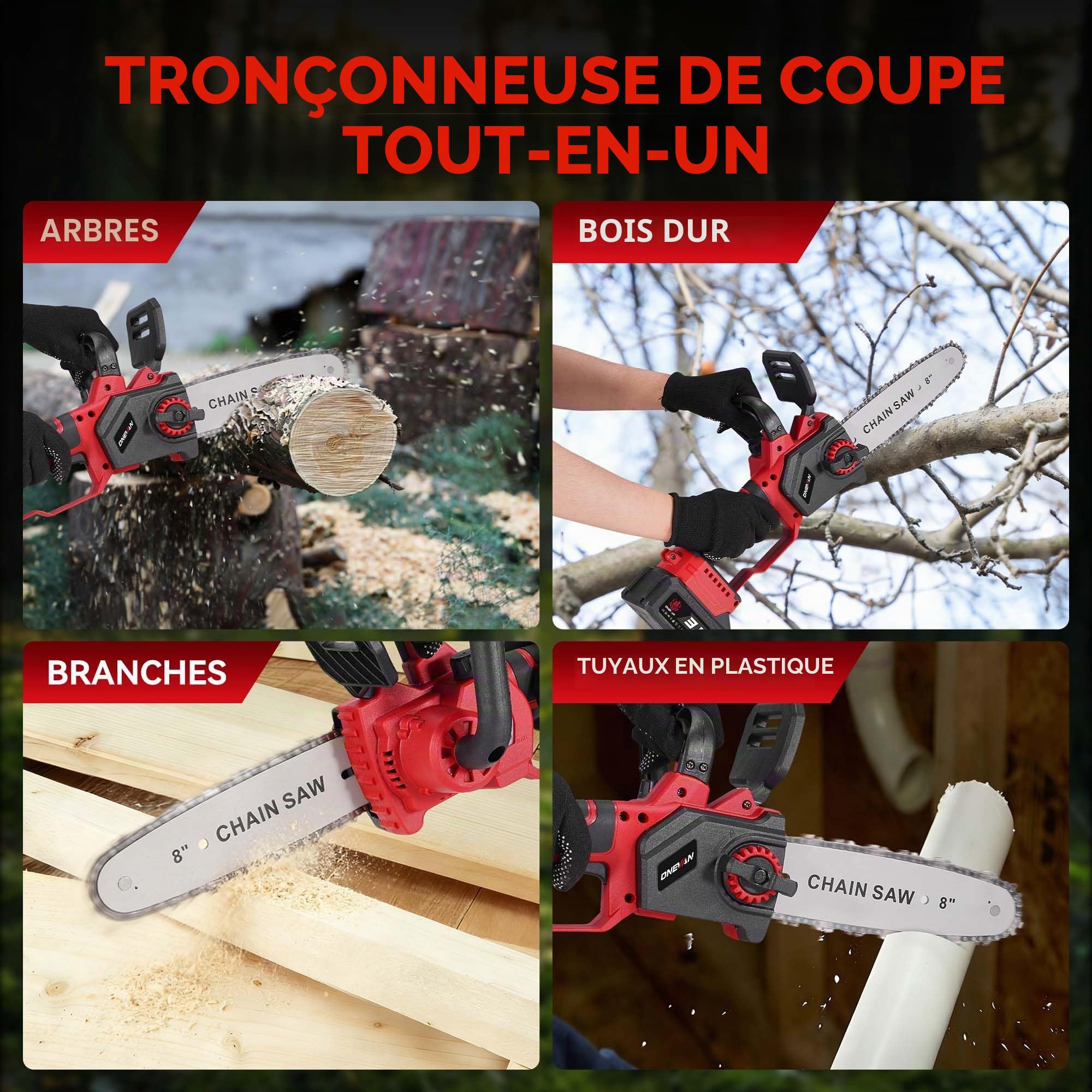 ONEVAN Tronçonneuse sans fil, 8 et 10 pouces, graissage automatique | Con 2x 3.0Ah batteries, diamètre de coupe 20cm, brushless vitesse de coupe de 10m/s, remplacement du guide-chaîne sans outil
