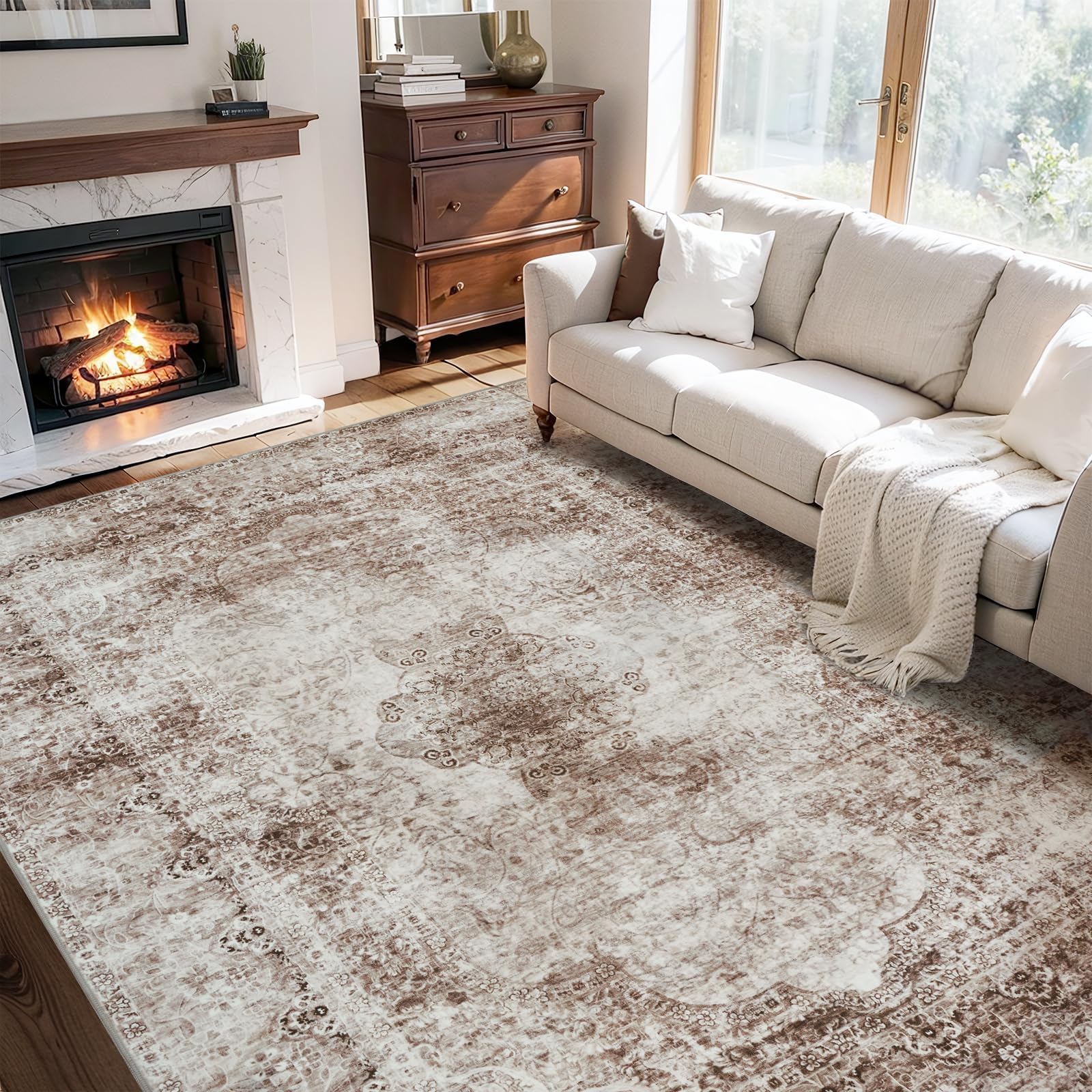 Brown Washable 8x10 feet Area Rugs for Living Room Rug Bedroom Rug-Carpet Distressed Neutral Vintage Dining Room Rugs for Under Table Soft Comfortable Non Slip