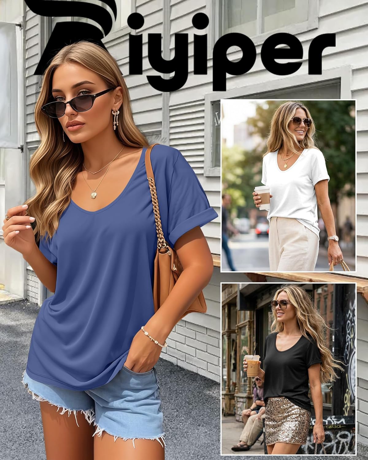 Riyiper 3 Pack Women's V Neck Shirt, Summer Rolled Sleeve Solid Tops Casual Loose Tees Lightweight Basic Soft Tshirt - Image 3