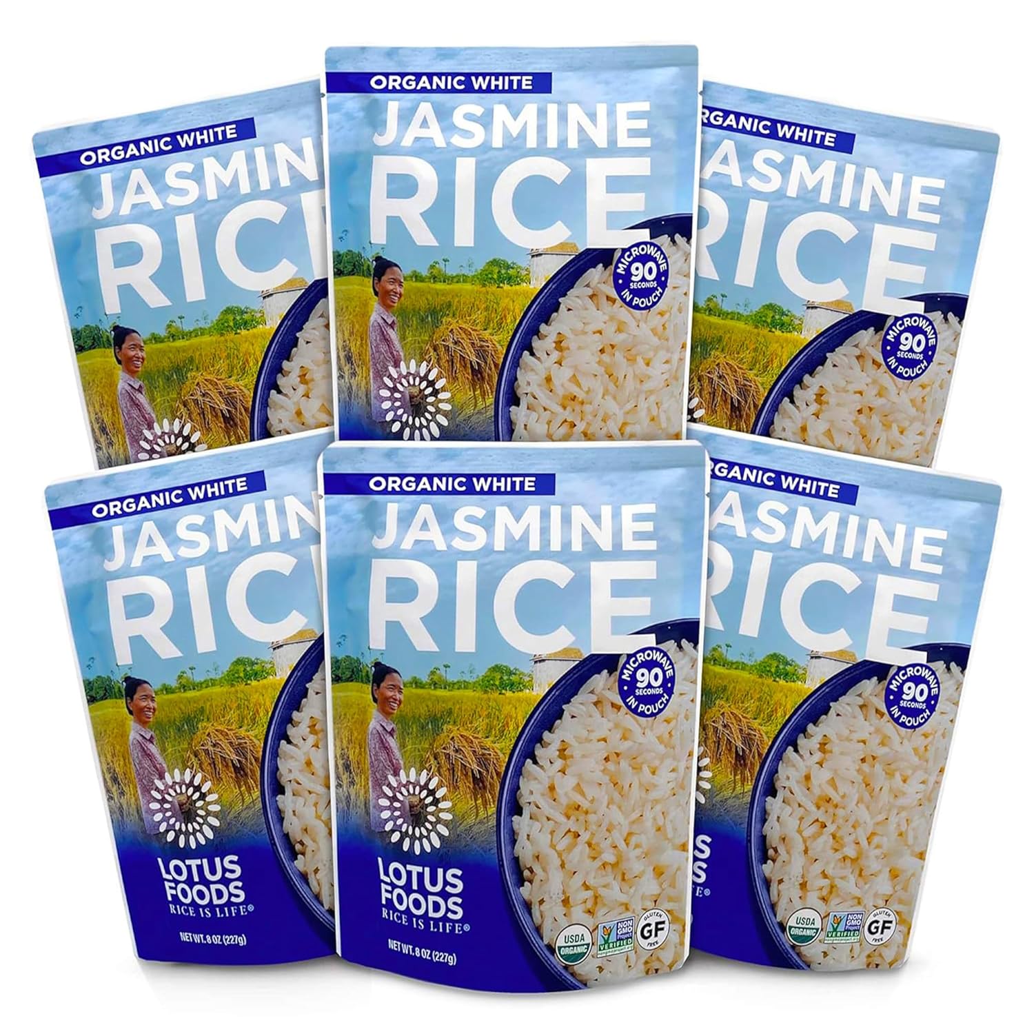 Lotus Foods Organic White Jasmine Rice Heat &amp; Eat Pouch - Gluten Free White Rice, Organic Rice, Instant Microwave Jasmine Rice, Microwavable Pre Cooked Rice - 8 Oz (Pack of 6) USDA Organic