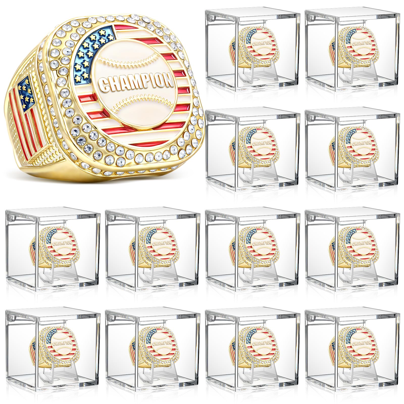 Landical 12 Set Baseball Championship Ring with Display Case and Stand Holder Championship Ring Box Acrylic Display Case and Holder Champion Trophy Rings for League Winner(Gold)