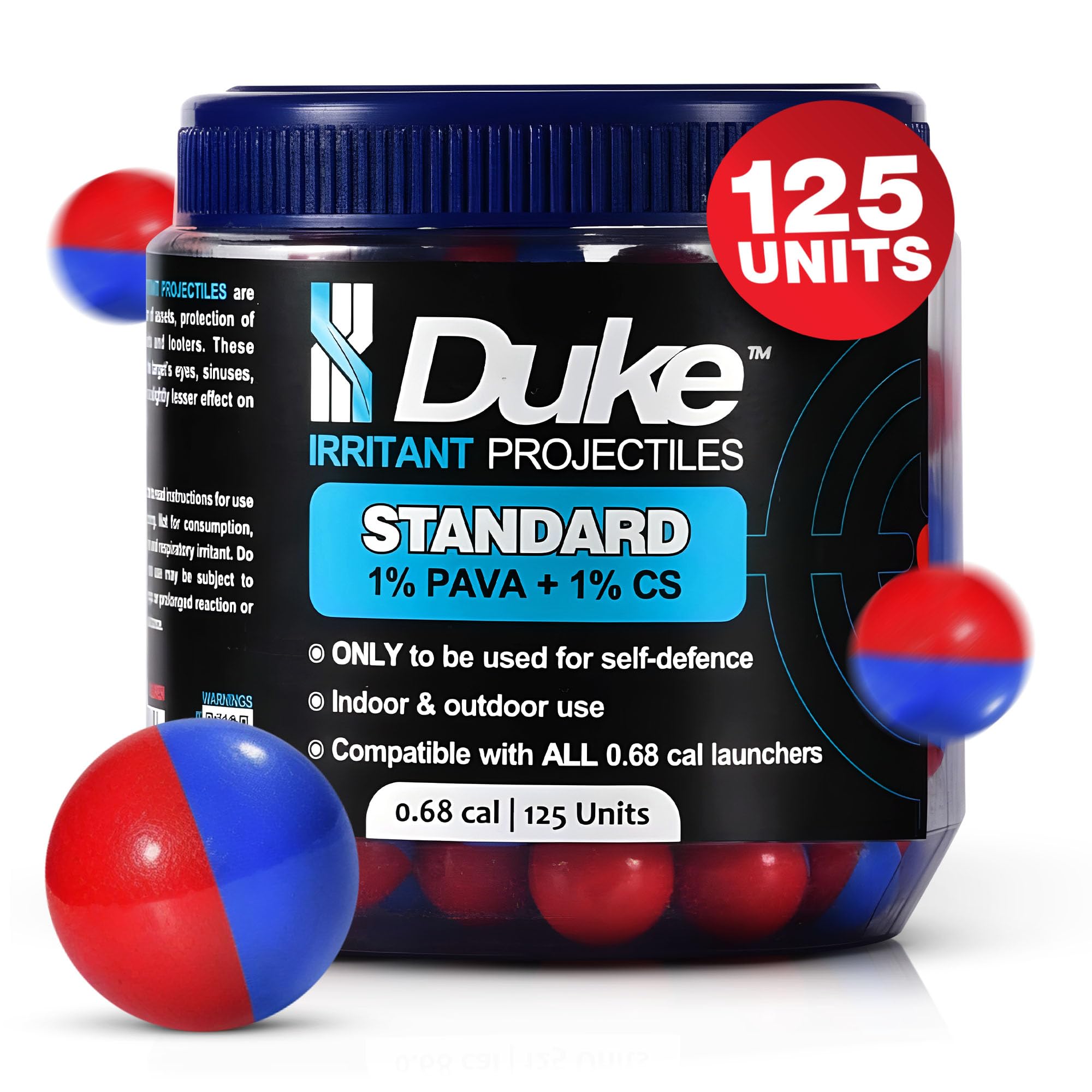 Duke Standard Irritant, 68 Caliber Projectile, Non Lethal Pepper Balls | 1% PAVA (Nonivamide), 1% CS (Tear Gas), Self Defense Weapon, Asset Protection, .68 Cal Pepper Ball Projectiles, Weight: 3.3g