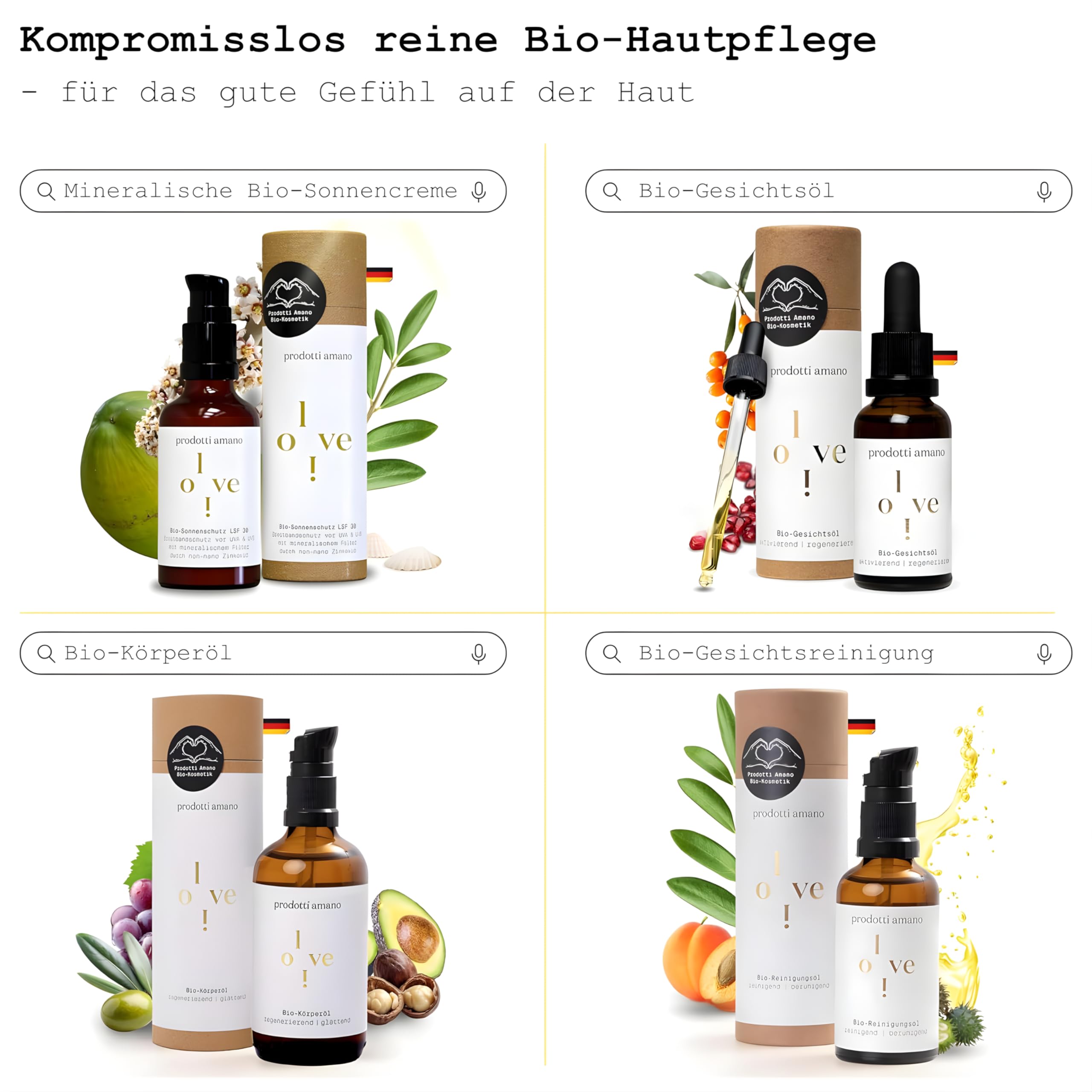 Prodotti Amano Gesichtsöl 30ml, 100% Organic Face Oil für Damen & Herren | Regenerierend & schnell einziehend, Anti Aging Bio Öl mit Vitamin E für alle Hauttypen, Vegan, Ohne Silikone & Parabene