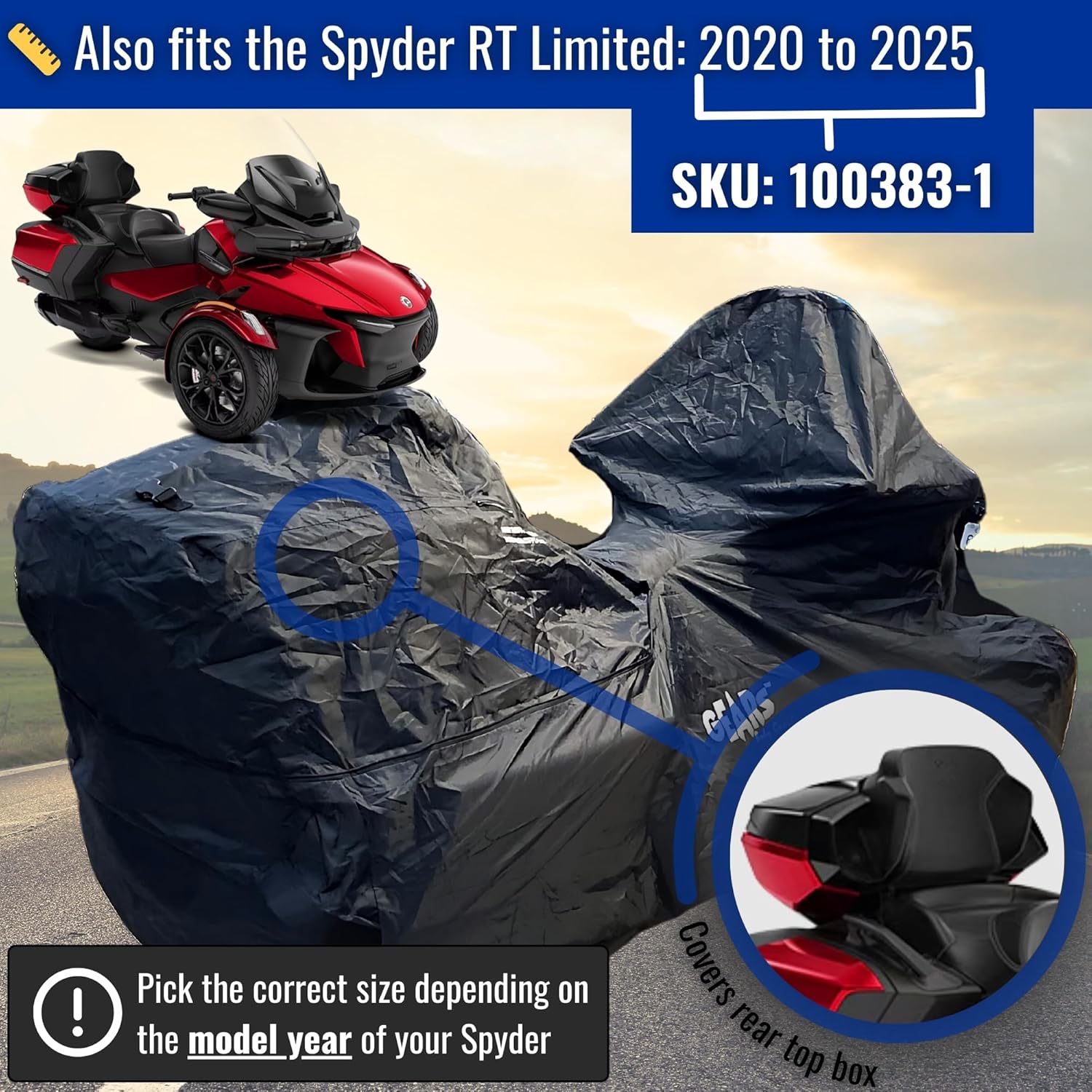 GEARS Spyder RT Cover | Fits 2020, 2021, 2022, 2023, 2024 & 2025 Can-Am Trikes | Spyder RT, Limited (LTD), & Sea-to-Sky | Windproof, Waterproof, Rain & Dust Cover for Indoor or Outdoor Spyder Storage