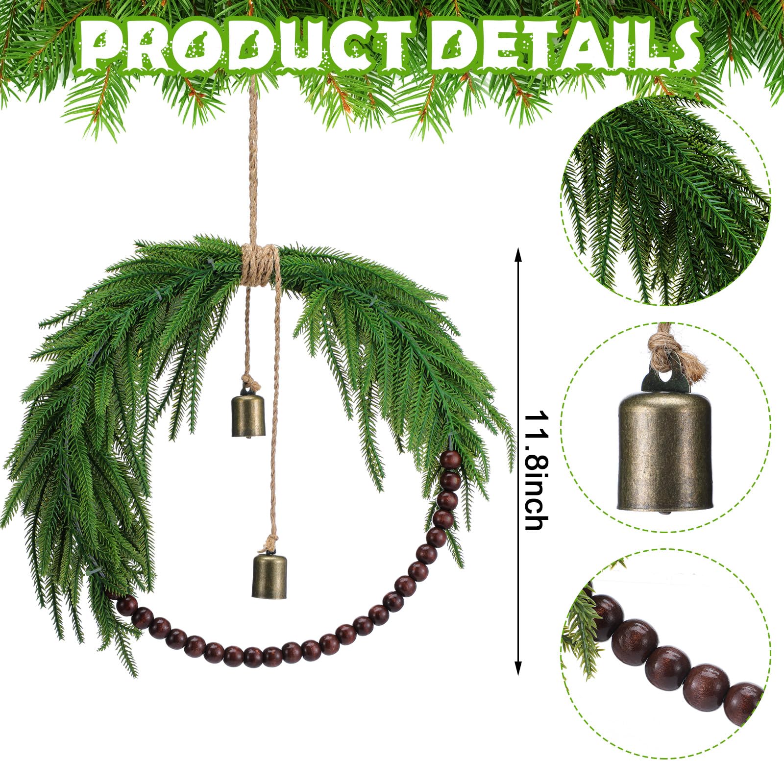 Dingion Norfolk Pine Christmas Wreath with Wood Bead 11.8 in Christmas Norfolk Pine Wreath for Front Door Farmhouse Rustic Xmas Artificial Door for Window Wall Hanging Decor(Classic)