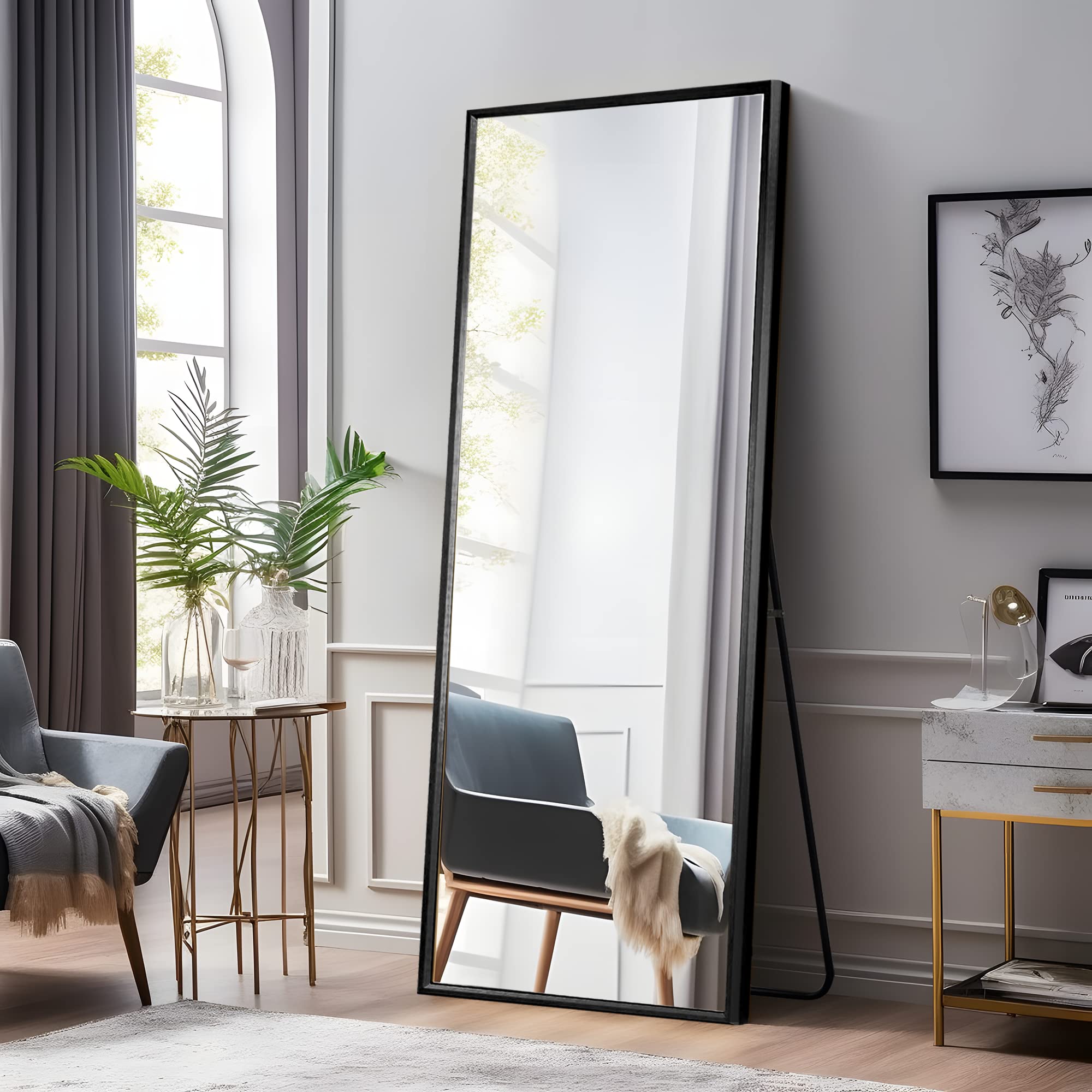 NeuType Full Length Mirror Floor Mirror with Standing Holder Bedroom/Locker Room Standing/Hanging Mirror Dressing Mirror Wall-Mounted Mirror (Elegant Black) 65"x22"