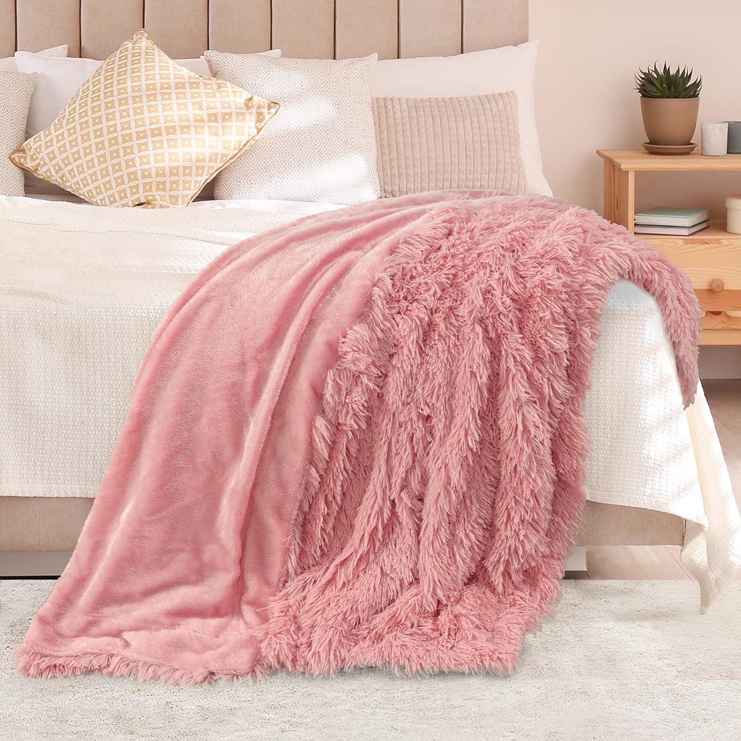 TOONOW Faux Fur Throw Blanket,Super Soft Fuzzy Blanket for Couch Sofa Bed,Fluffy Blankets and Throws for Women,50x60 Inches,Pink - Image 6