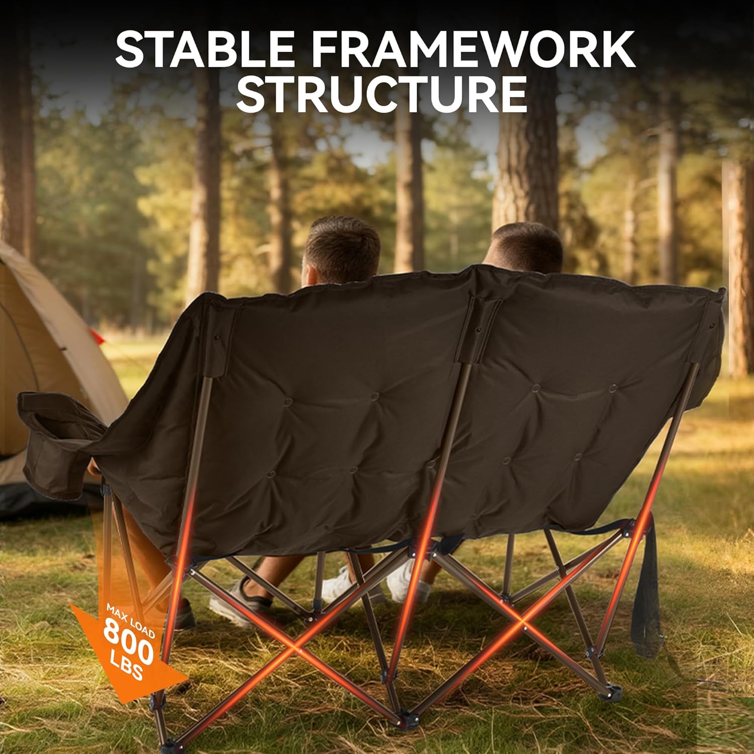 Huskfirm High Back Double Camping Chair 2 Person Camping Chair Low Seat Loveseat Camping Chair Fully Padded Oversized Camping Couch for Adults - Supports 650 LBS with Cup Holders Carry Bag - Brown