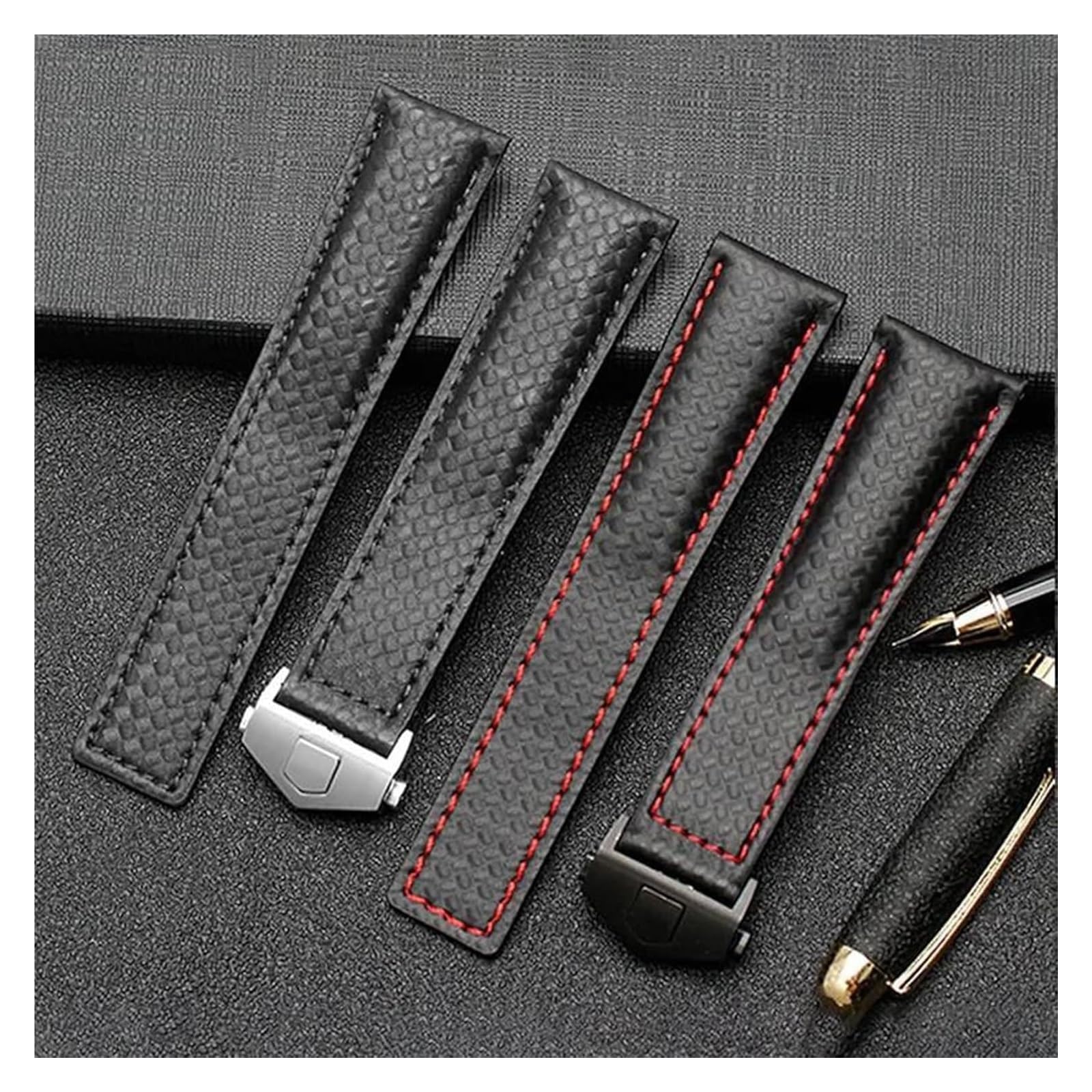 Uhrenarmbänder aus echtem Leder, Karbonfaser-Muster, echtes Leder-Uhrenarmband, Ersatzarmband for Herrenuhren(Black Red Silver,22mm)