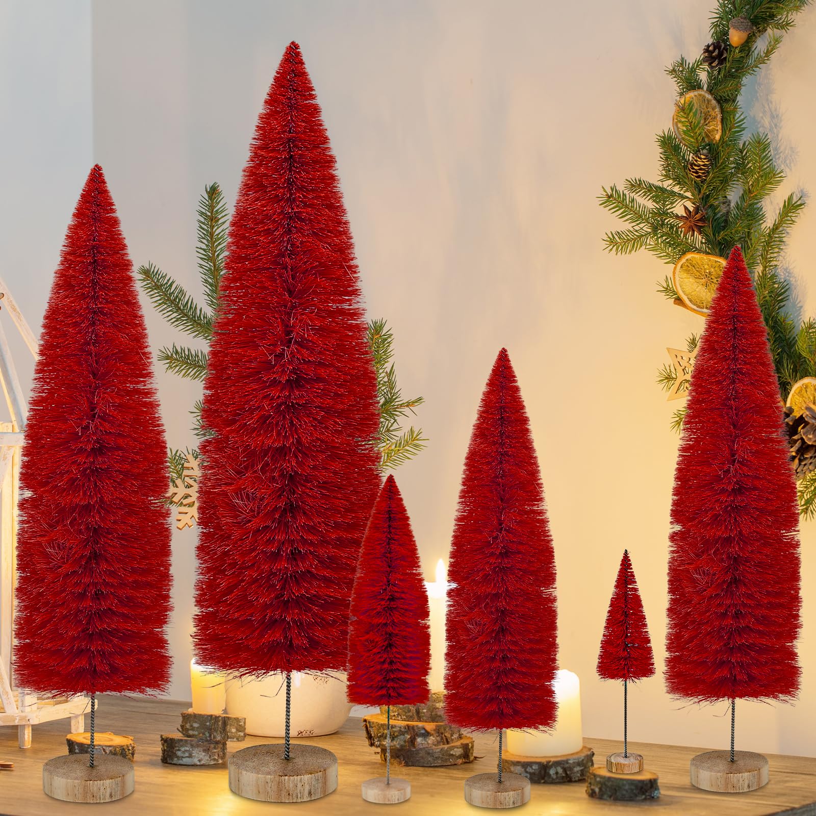 6PCS Christmas Tree, Christmas Village Bottle Brush Fake Trees, Tabletop Christmas Small Pine Tree Decor,Christmas Decor Christmas Party Home Table Craft Decorations Fireplace Decor (RED)