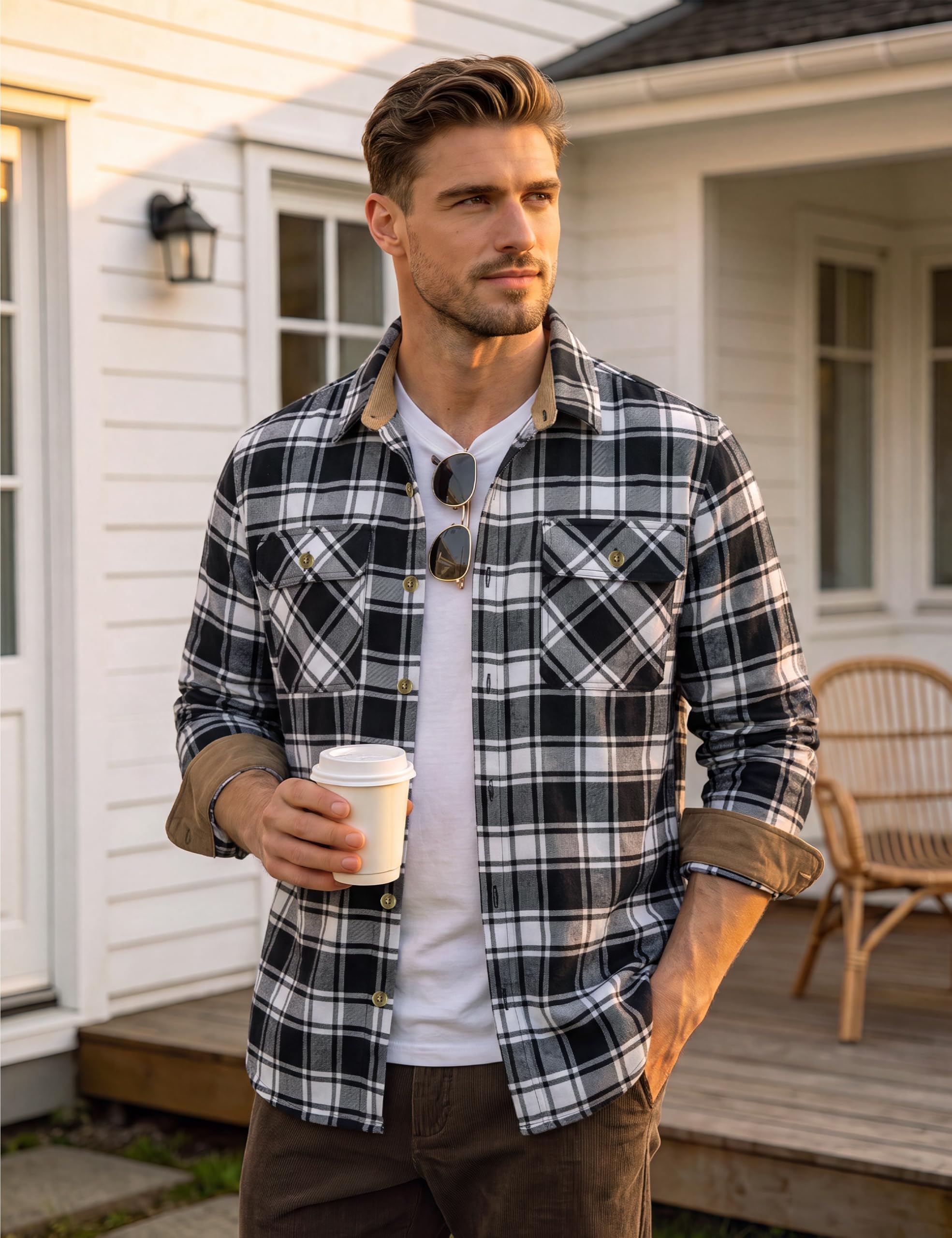 Cavva Camicia di flanella da uomo, a maniche lunghe, a quadretti, da lavoro