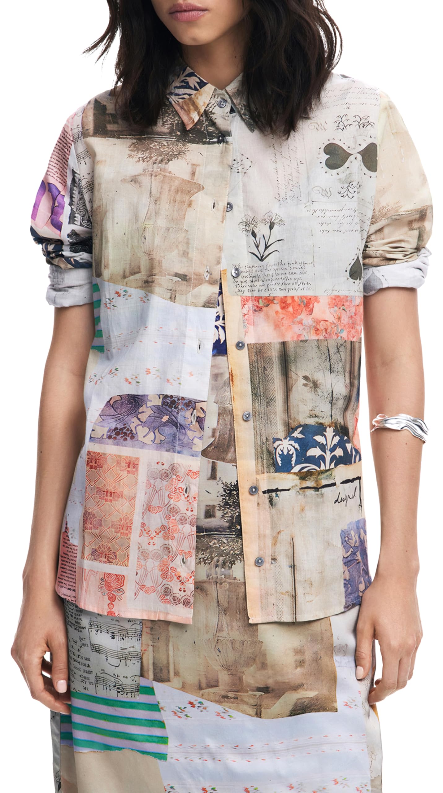 Desigual Mujer Marrón Camisa Postales, Algodon, S