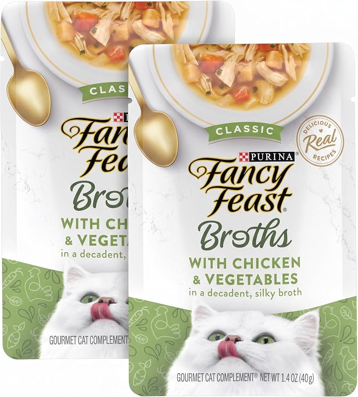 Caldo Gourmet para Gatos Fancy Feast Purina Broths Classic com Frango e Vegetais, Sachês de 40 g, Pacote com 32