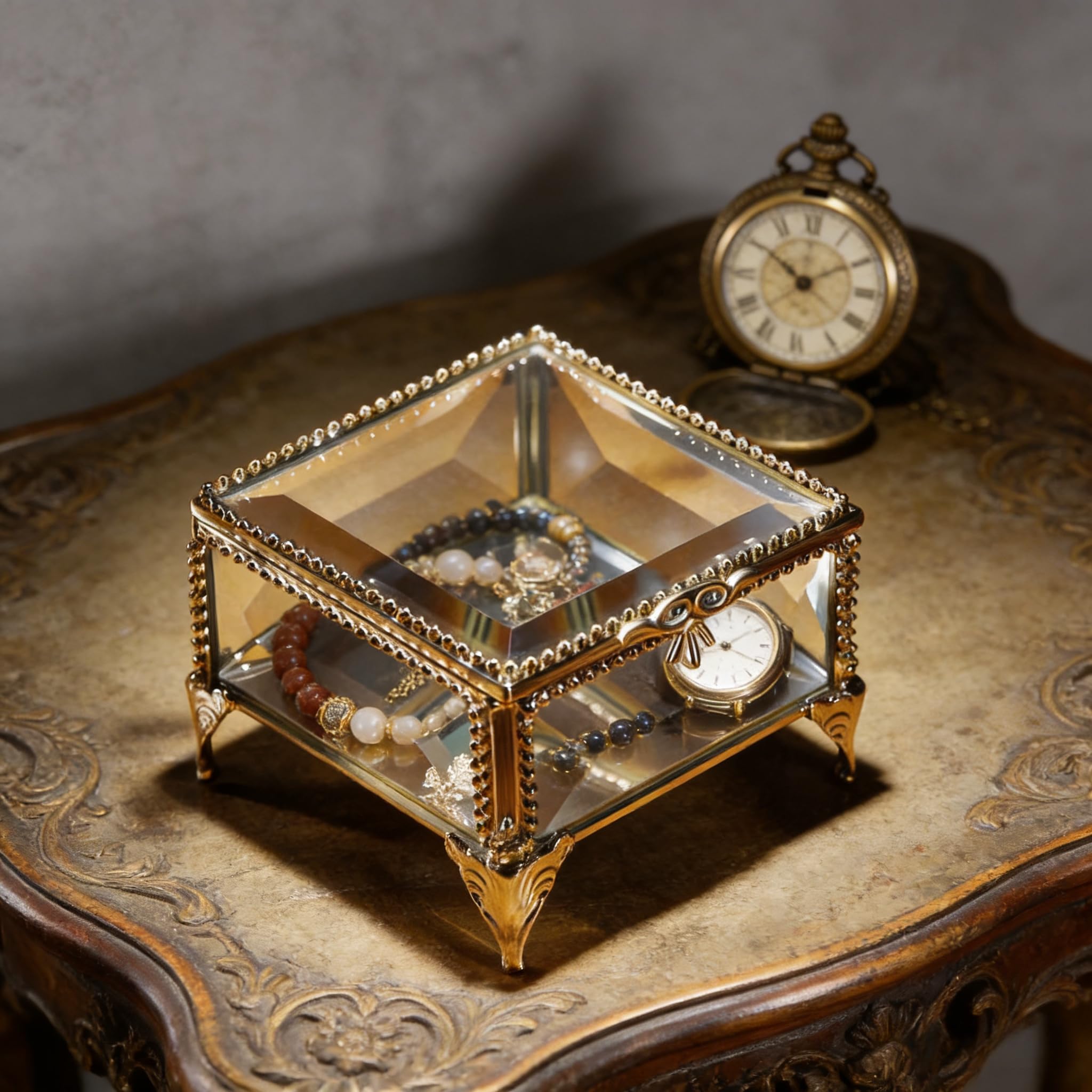 Joyero rectangular de cristal vintage con tapa con bisagras, 8.3 x 8.3 x 5.8 cm, caja de recuerdo para anillos, baratijas y más (dorado)