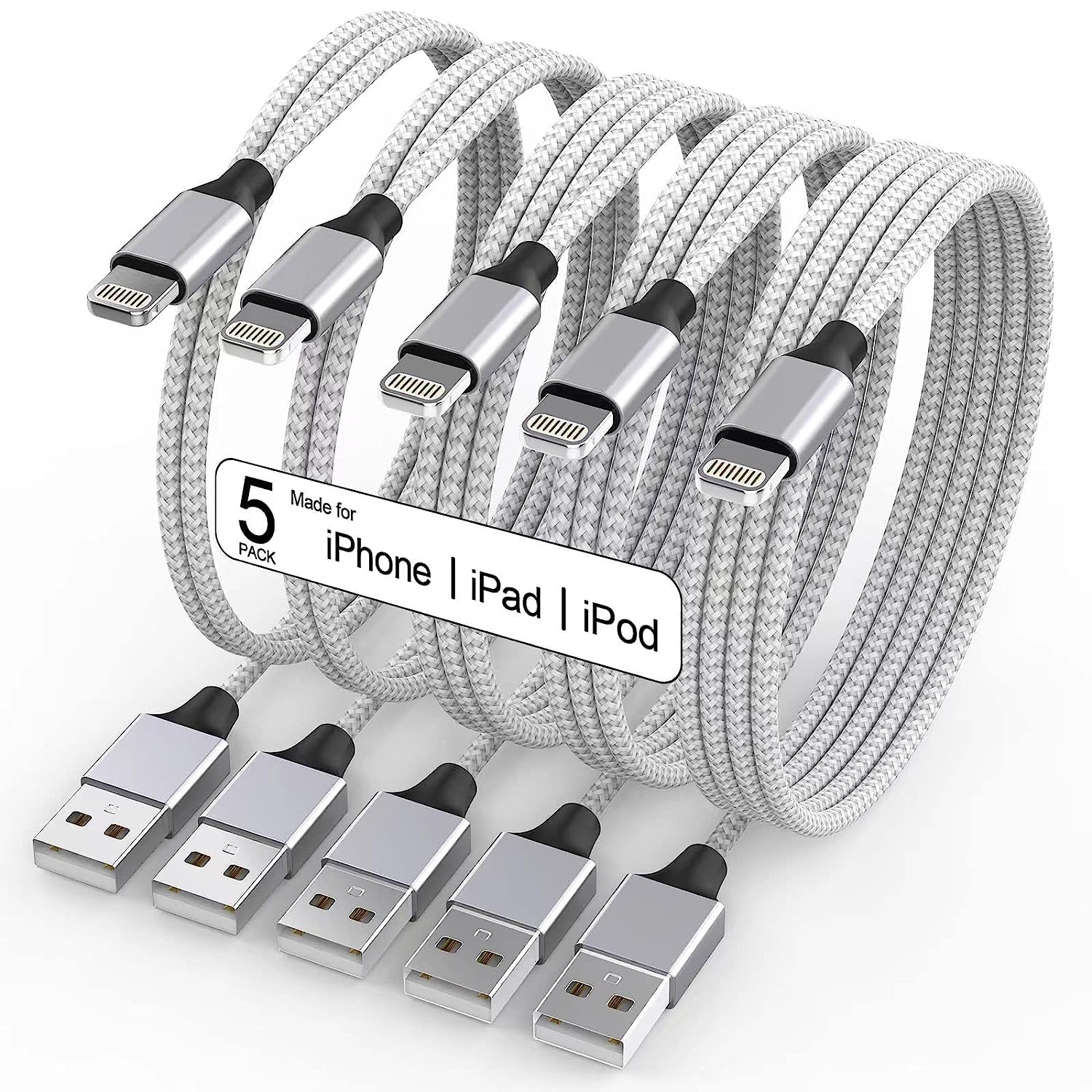 [Apple MFi Certified] iPhone Charger, 5Pack(3/3/6/6/10 FT) Lightning Cable Apple Charging Cable Fast Charging High Speed Compatible iPhone 14/13/12/11 Pro Max/XS MAX/XR/XS/X/8/7/Plus iPad(Silver&Grey)