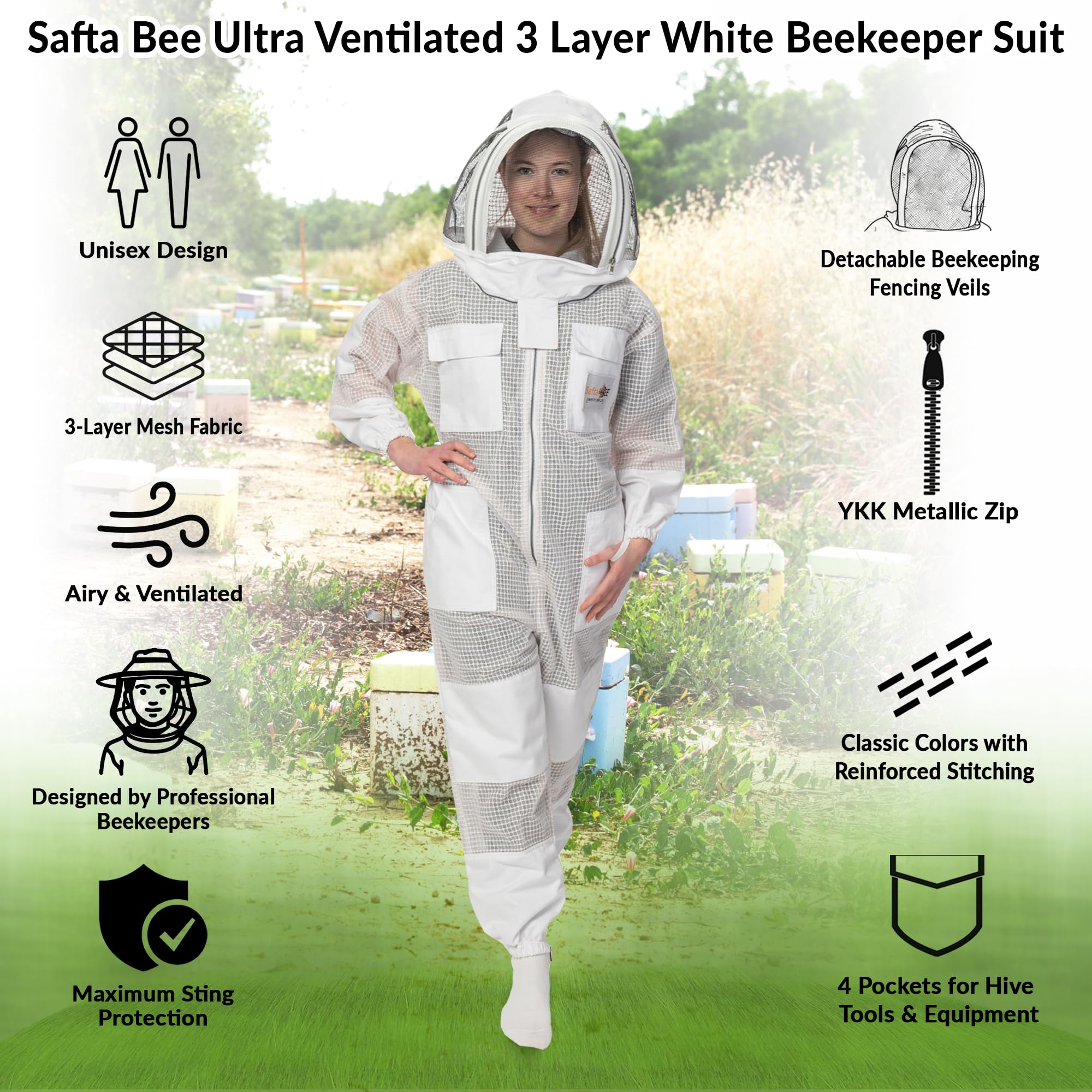 Safta Bee - Tuta da apicoltura per apicoltori professionali, con guanti da apicoltura e velo in rete non infiammabile, morbida, confortevole, durevole, antistingproof anti vespa (XL)